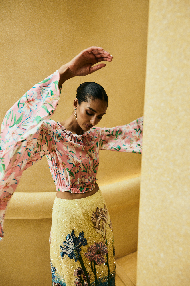 Printed top designed as a resort party wear top for summer event fashion