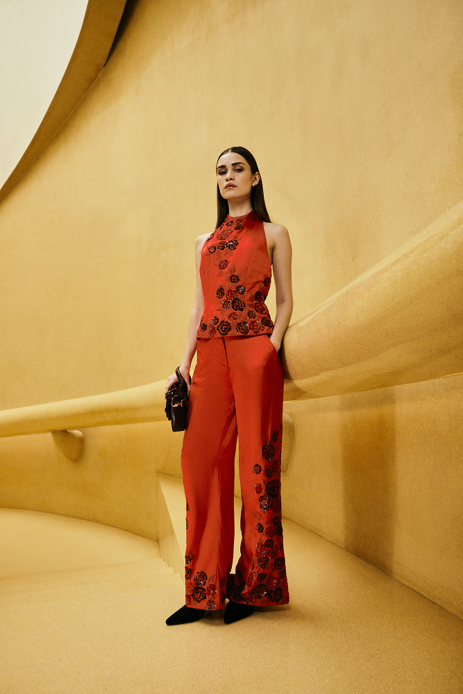 Sequin embroidered pants crafted for cocktail and evening celebrations