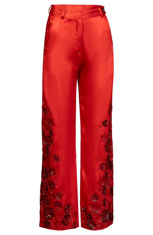 Festive designer pants featuring intricate sequin embroidered detailing
