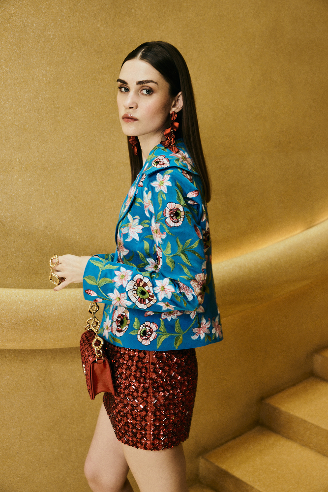 Guest of the wedding jacket styled as a tailored cropped blazer jacket