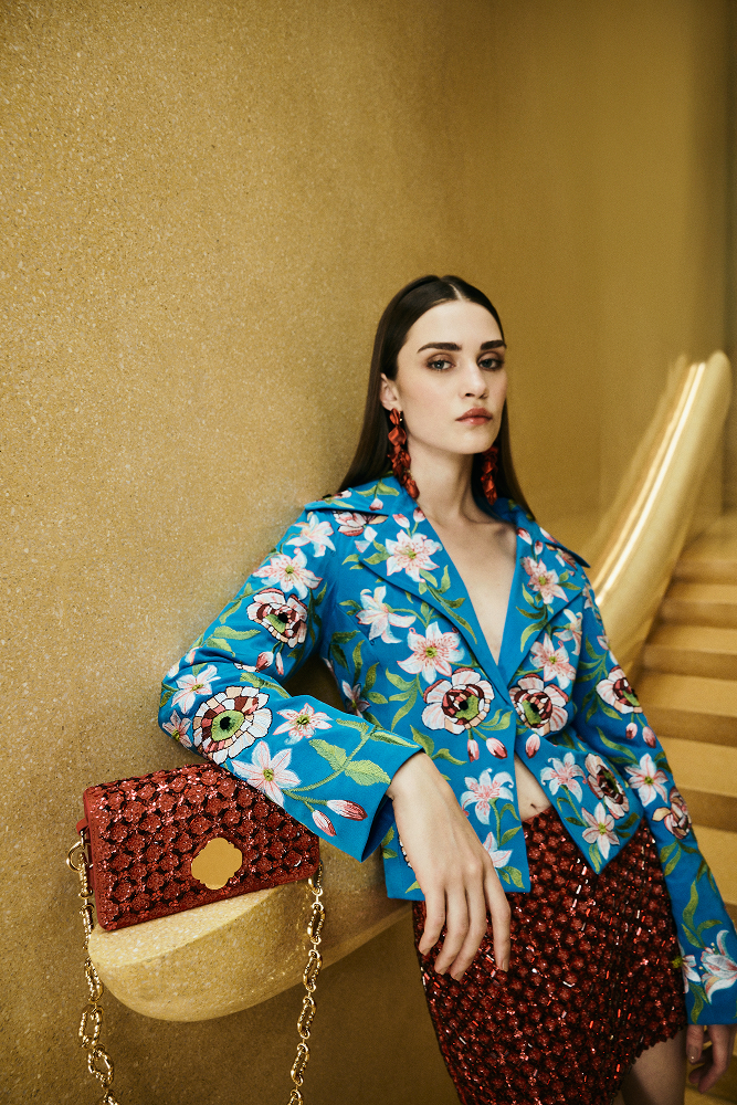 Cropped blazer jacket designed as a refined rehearsal dinner jacket