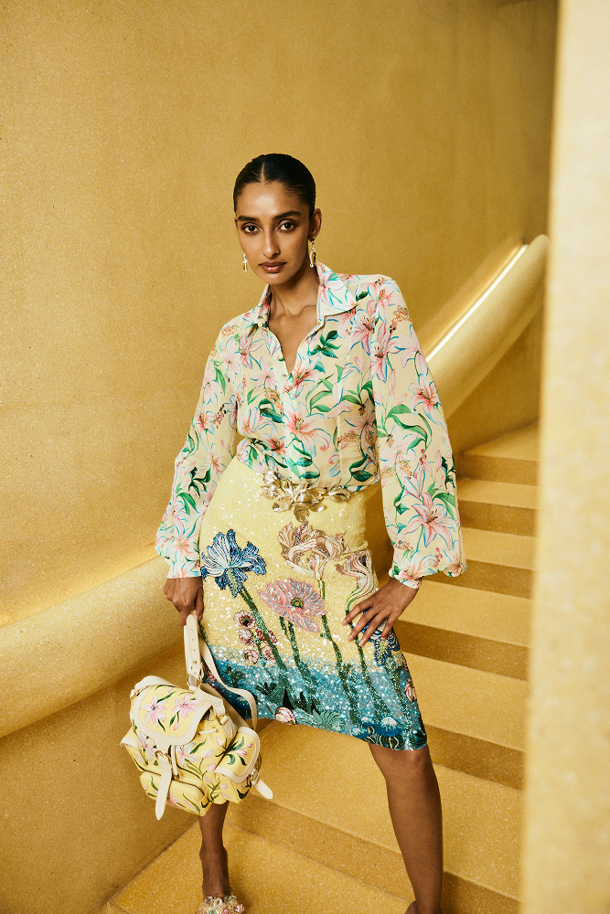 Vacation outfit shirt styled as a brunch party blouse in daytime festive wear and summer event fashion, featuring a printed silk chiffon shirt