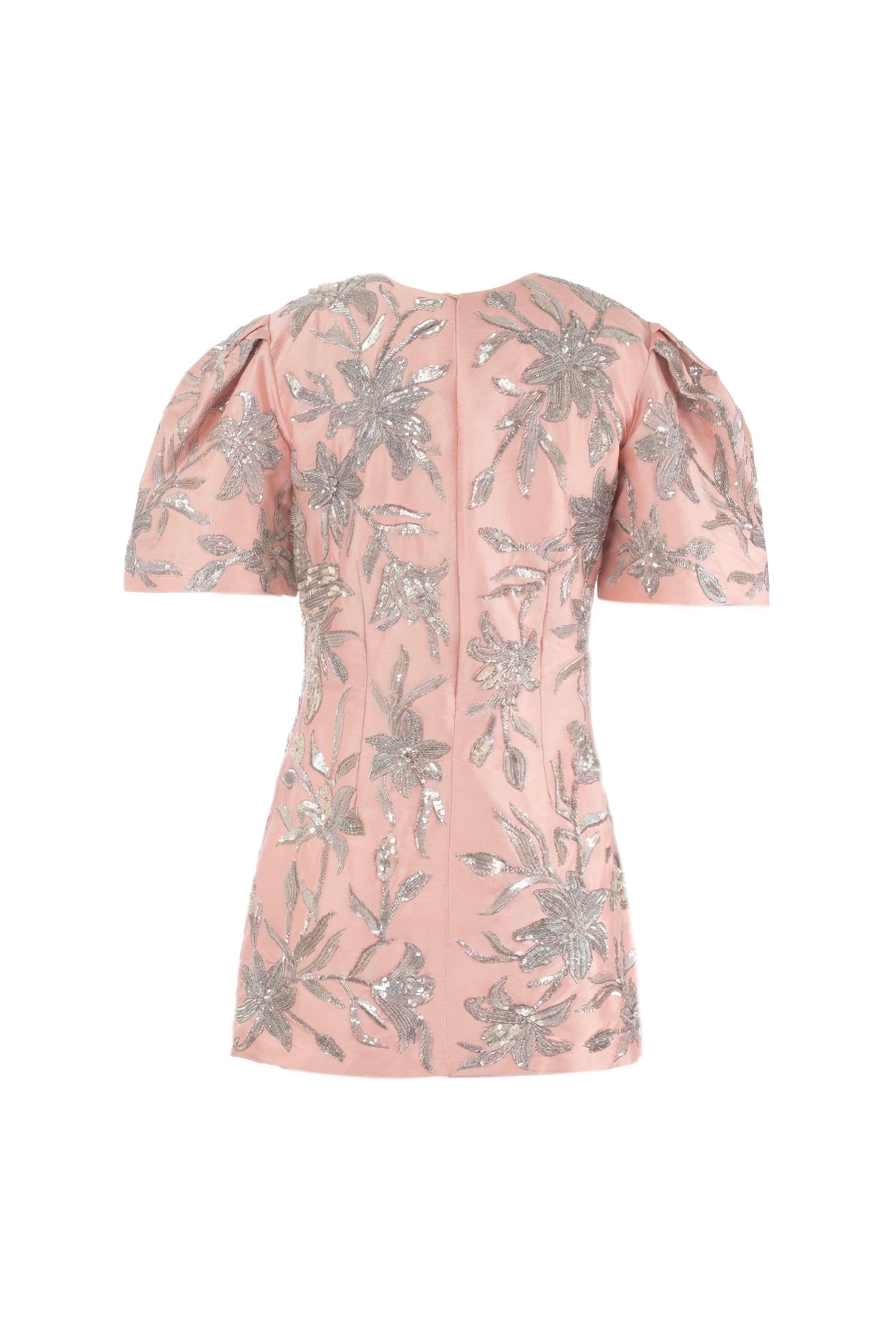 Puff sleeve silver cocktail mini – luxury floral embroidered designer dress for wedding guest and celebration wear