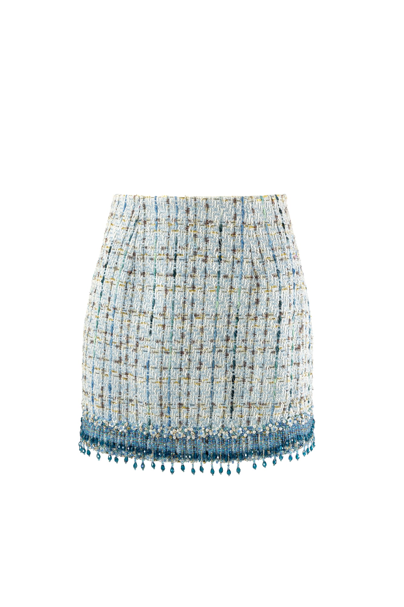 Sophisticated city wear luxury tweed skirt, fringed couture skirt with artisanal beaded detailing