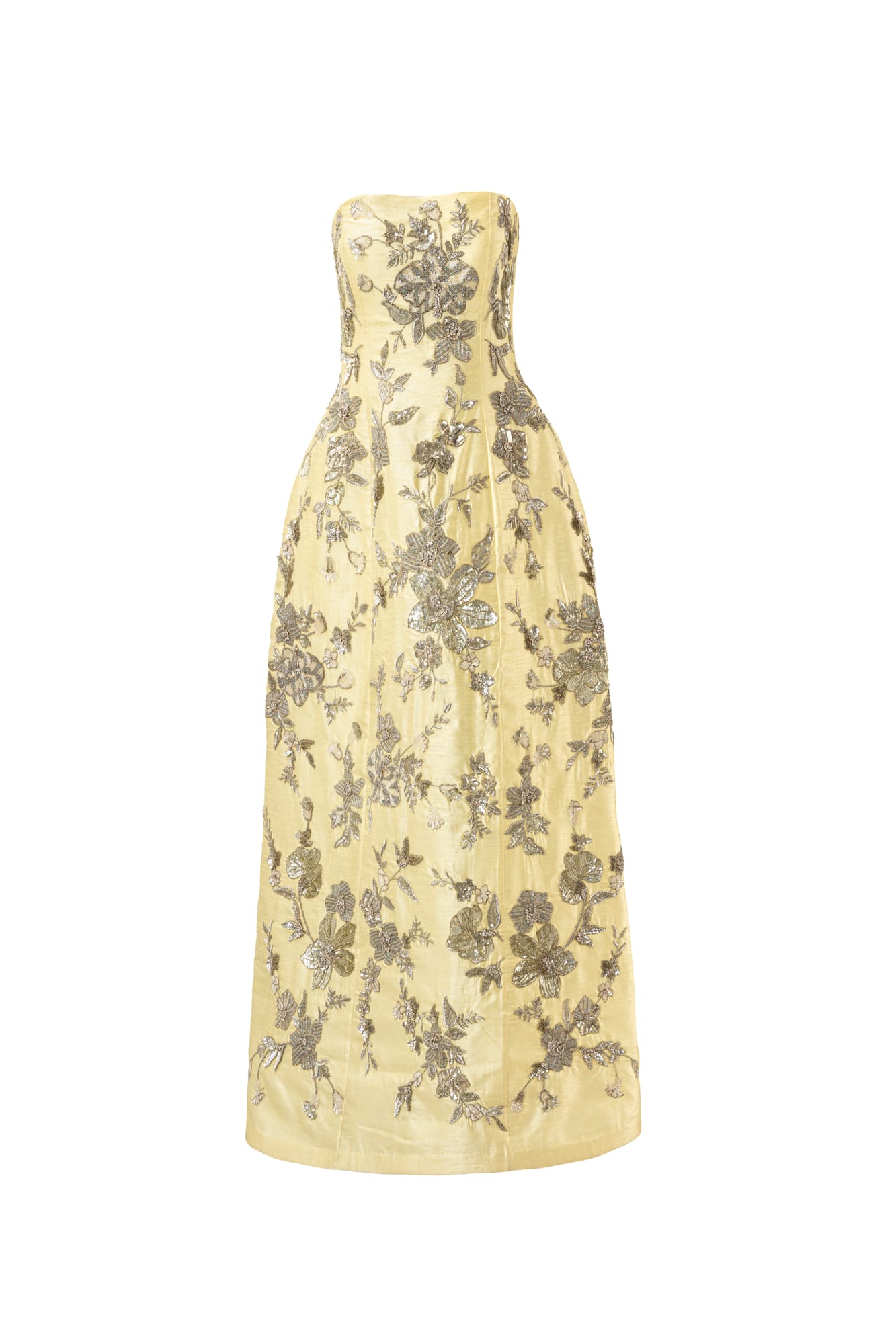Structured luxury gold midi dress, champagne evening wear with hand-embellished couture celebration style