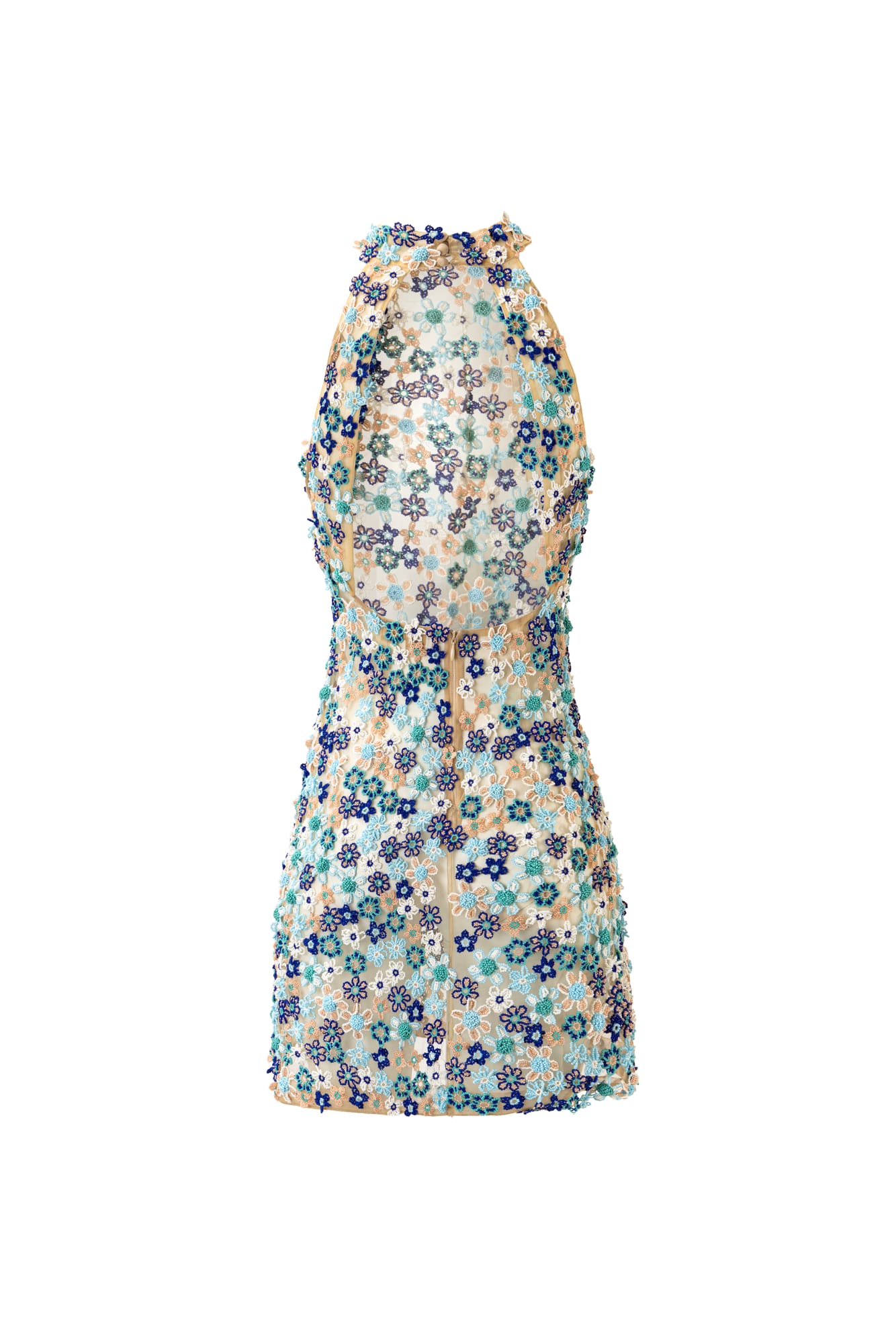 High-neck halter mini dress with hand embroidery, luxury designer party wear for red carpet style