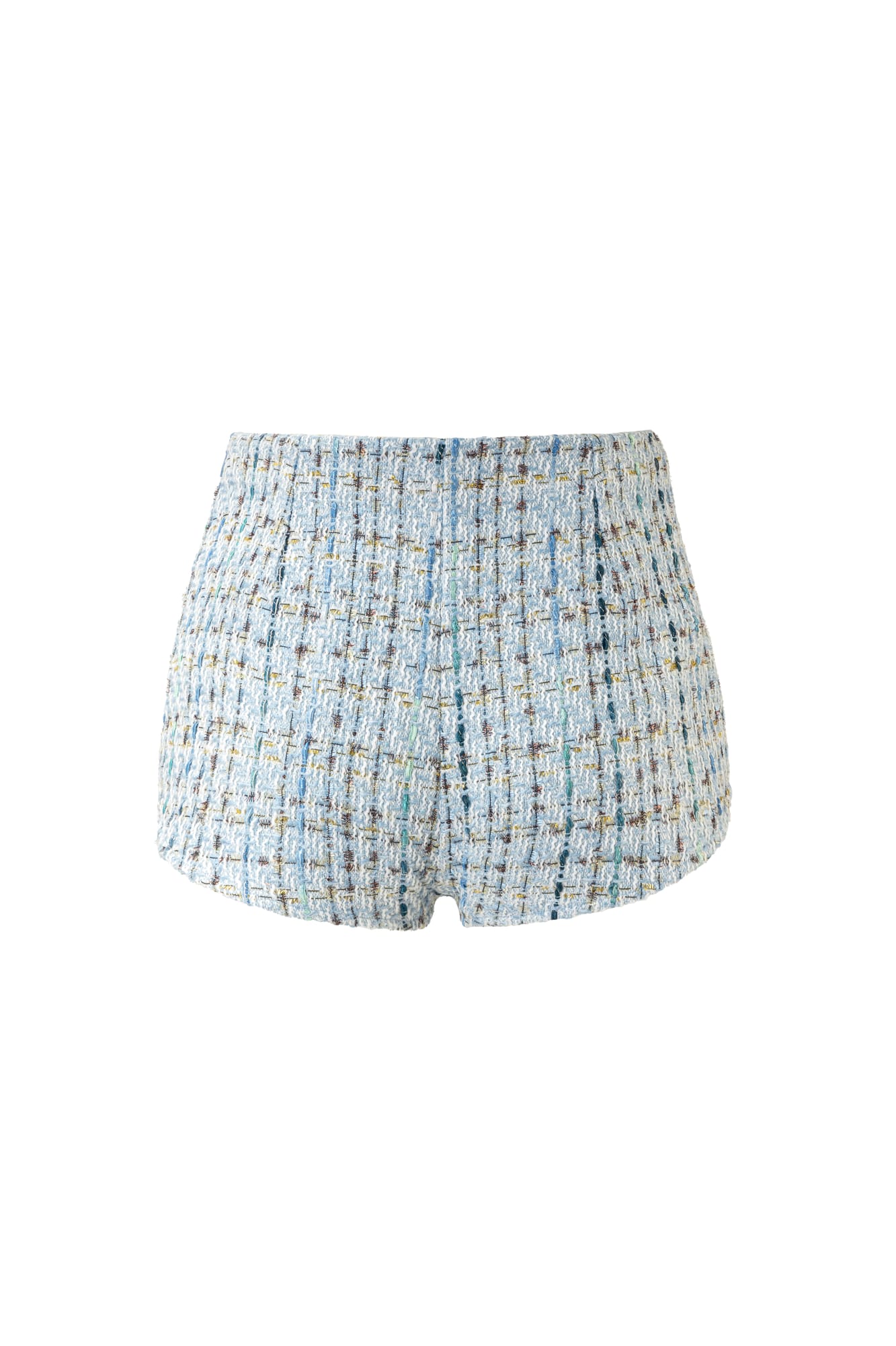 Icy blue luxury tweed micro shorts, high-waisted designer shorts with premium textured finish
