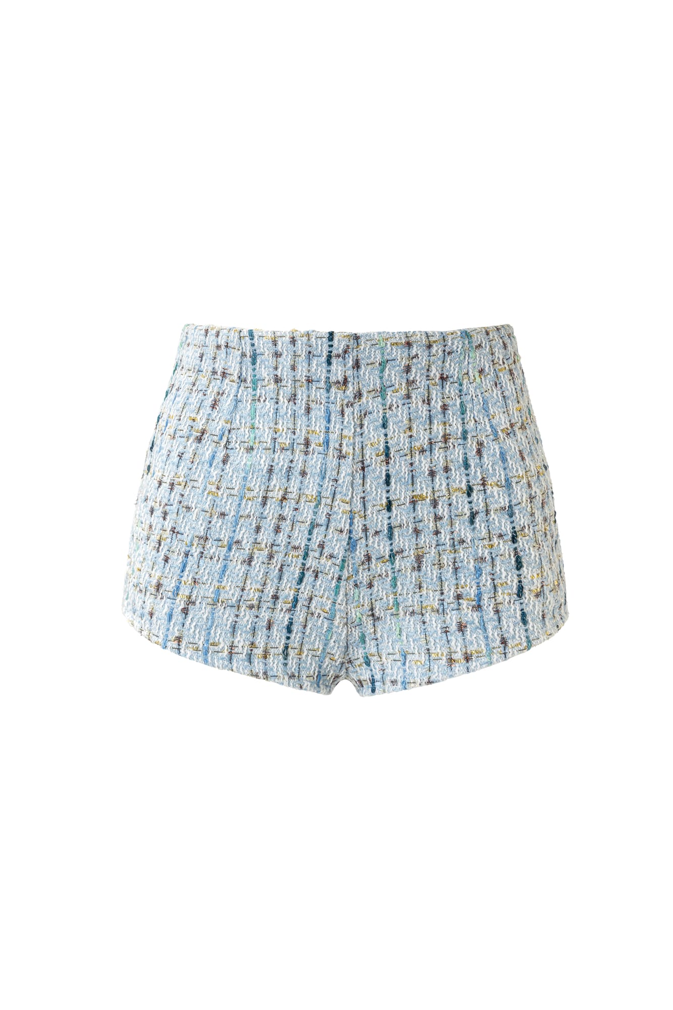 Artisanal luxury fashion tweed micro shorts, designer high-waisted shorts in icy blue textured fabric