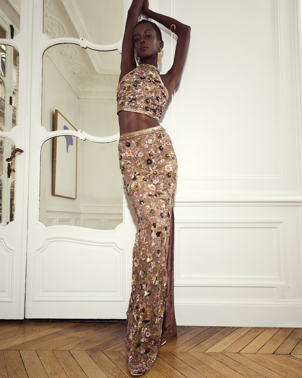 Champagne Embellished High Waist Skirt