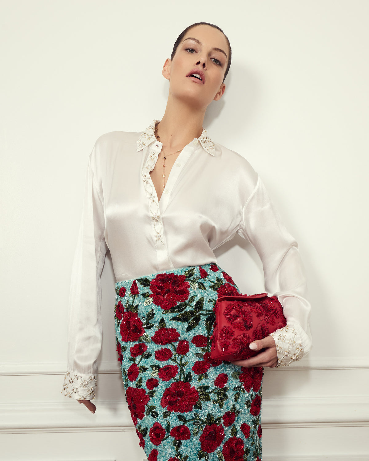 Pearl White Embellished Silk Shirt