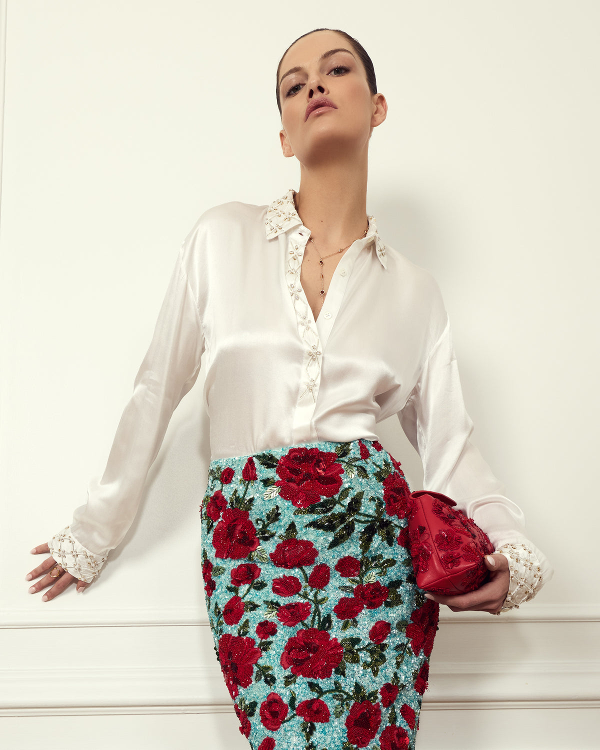 Pearl White Embellished Silk Shirt