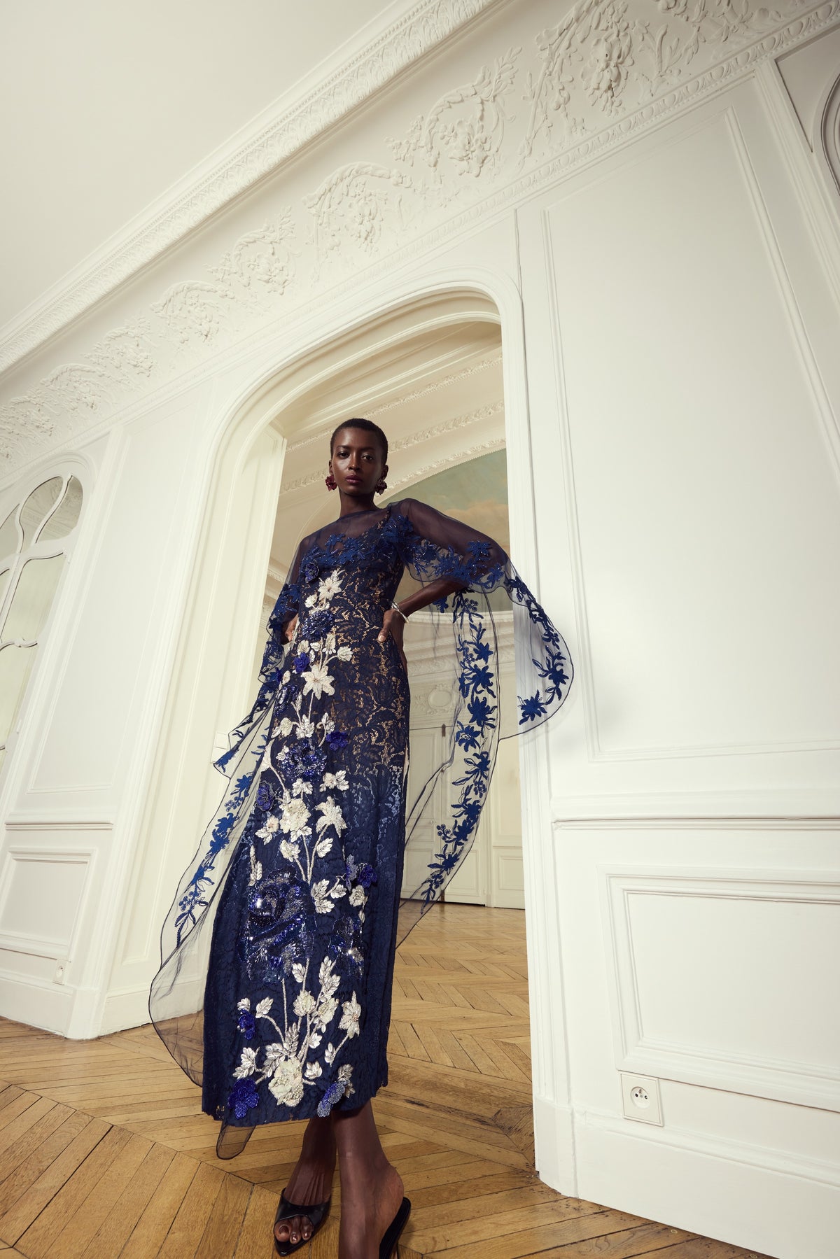 Midnight Gold Floral Embroidery Dress