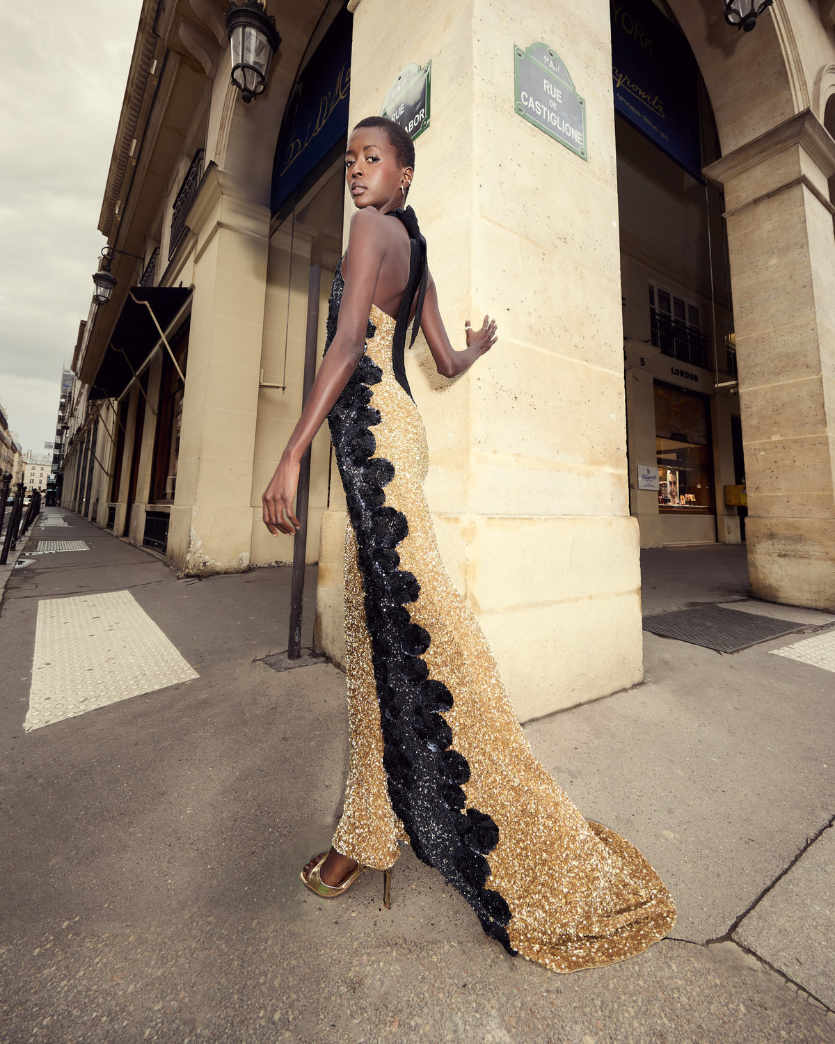 Golden Noir Embellished Halter Dress