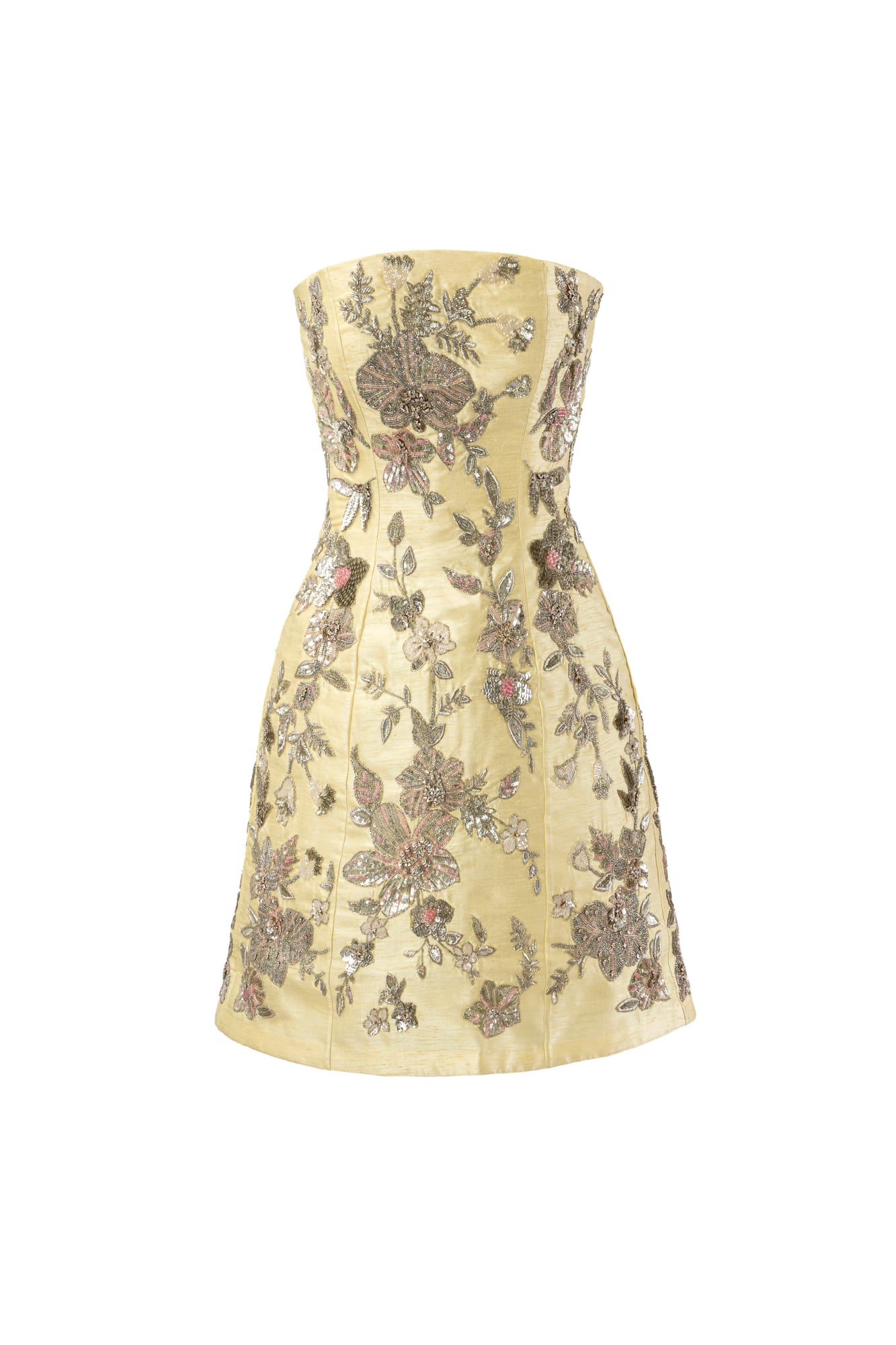 Couture cocktail look luxury strapless mini dress, designer party wear with metallic floral embroidery