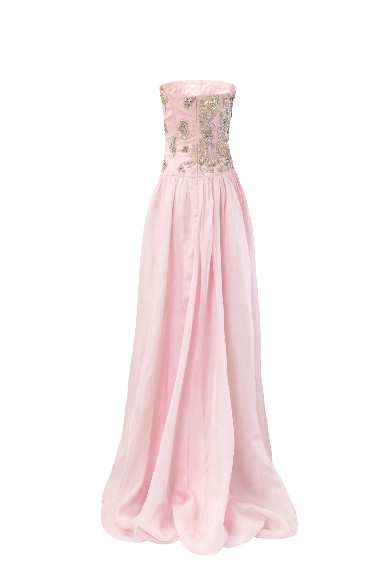 Elegant crystalline embellished pink gown, romantic tiered organza dress for luxury celebration wear
