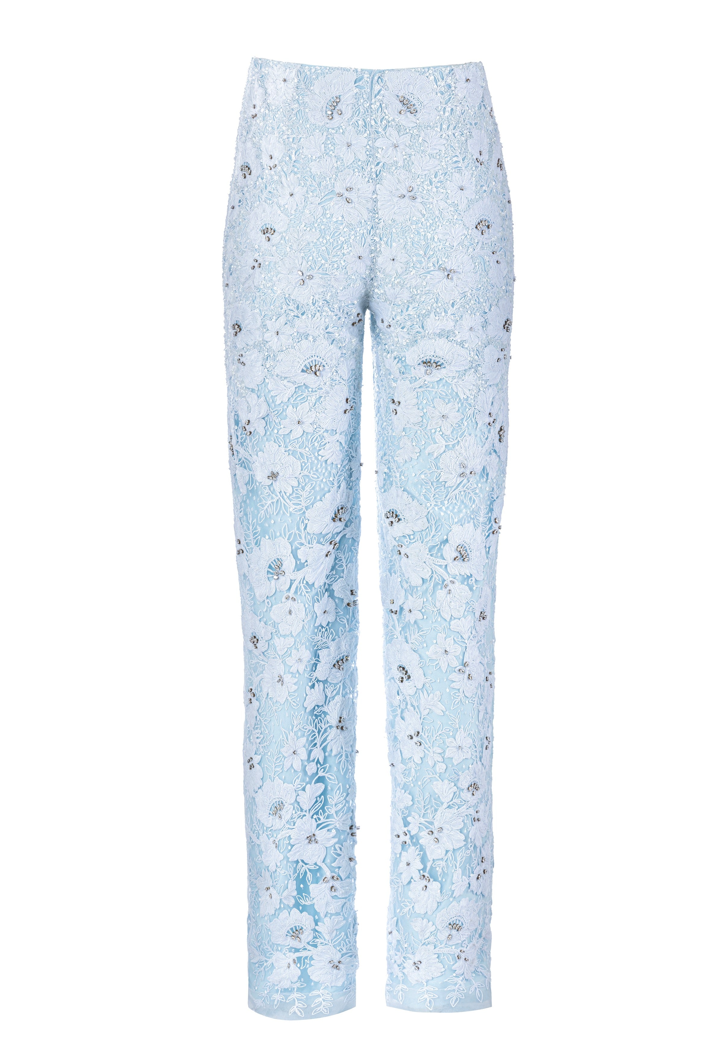 Festive celebration wear trousers – luxury icy blue crystal embellished floral lace high-end tailored formal pants