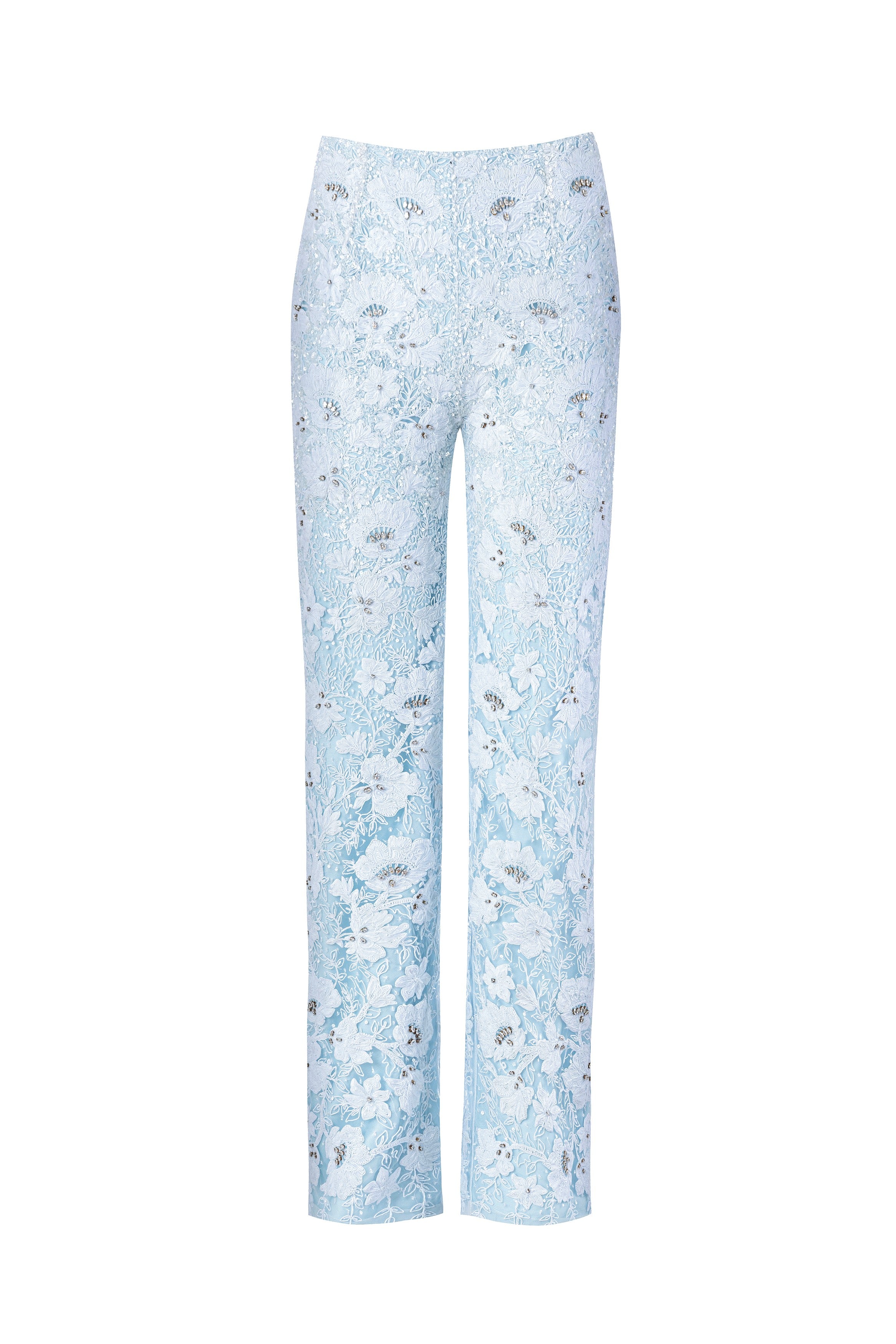 Crystal embellished icy blue tailored pants – luxury floral lace couture separates for designer wedding guest fashion