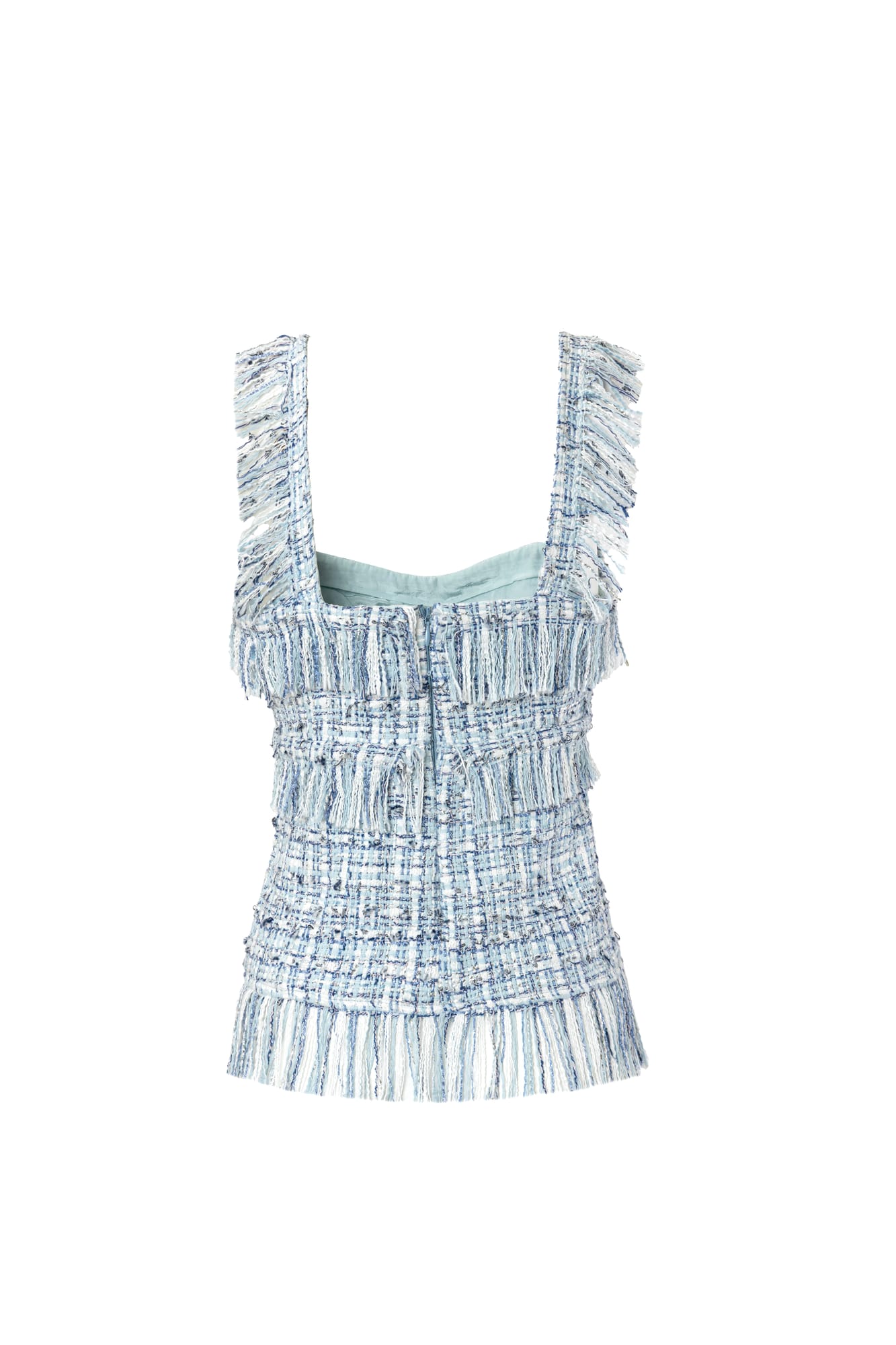 Modern classic top in luxury tweed, fringed designer top for high-fashion separates styling