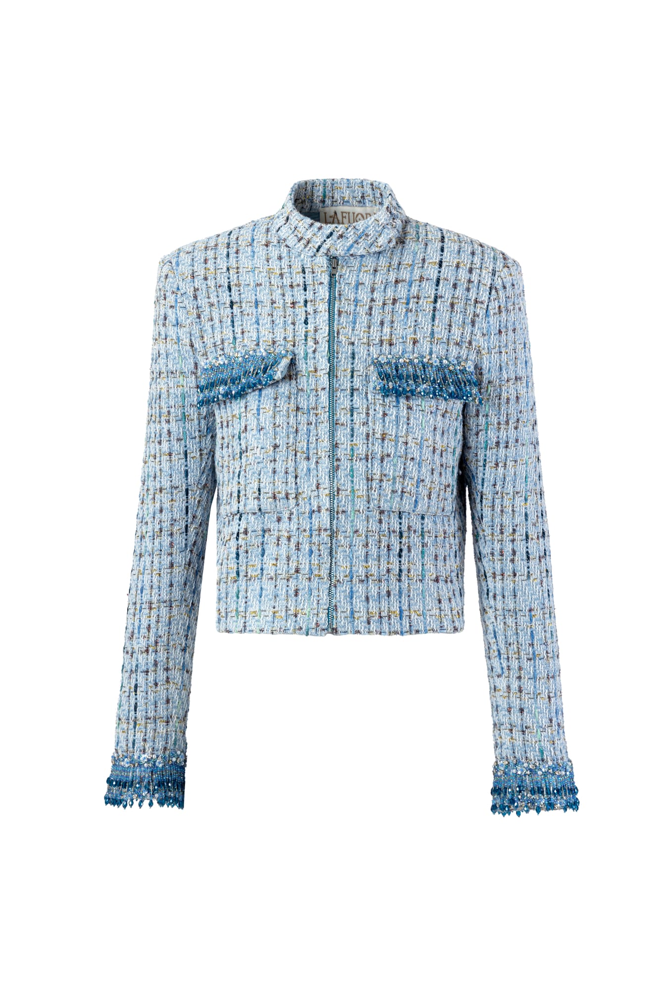 Modern classic outerwear luxury tweed jacket, designer textured jacket with beaded couture embellishment