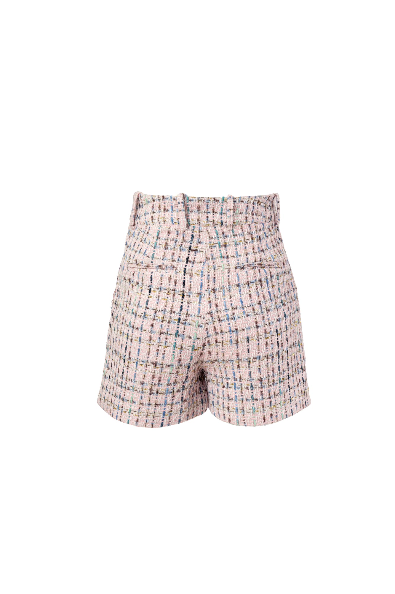 Artisanal fringe pink tweed shorts, designer mini shorts for sophisticated city style and couture detailing
