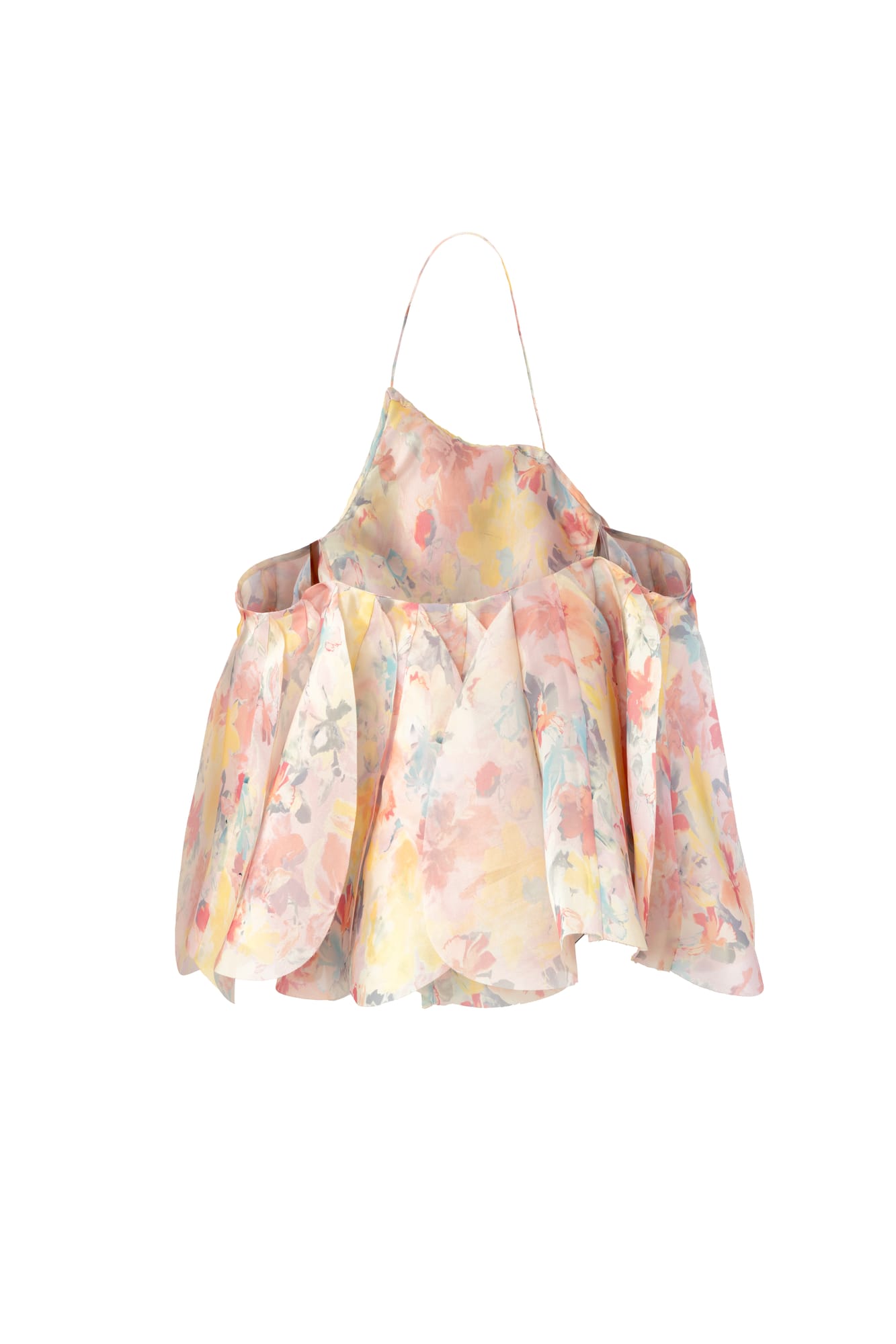 High-fashion garden party top, premium floral blouse with voluminous ruffles and couture detailing