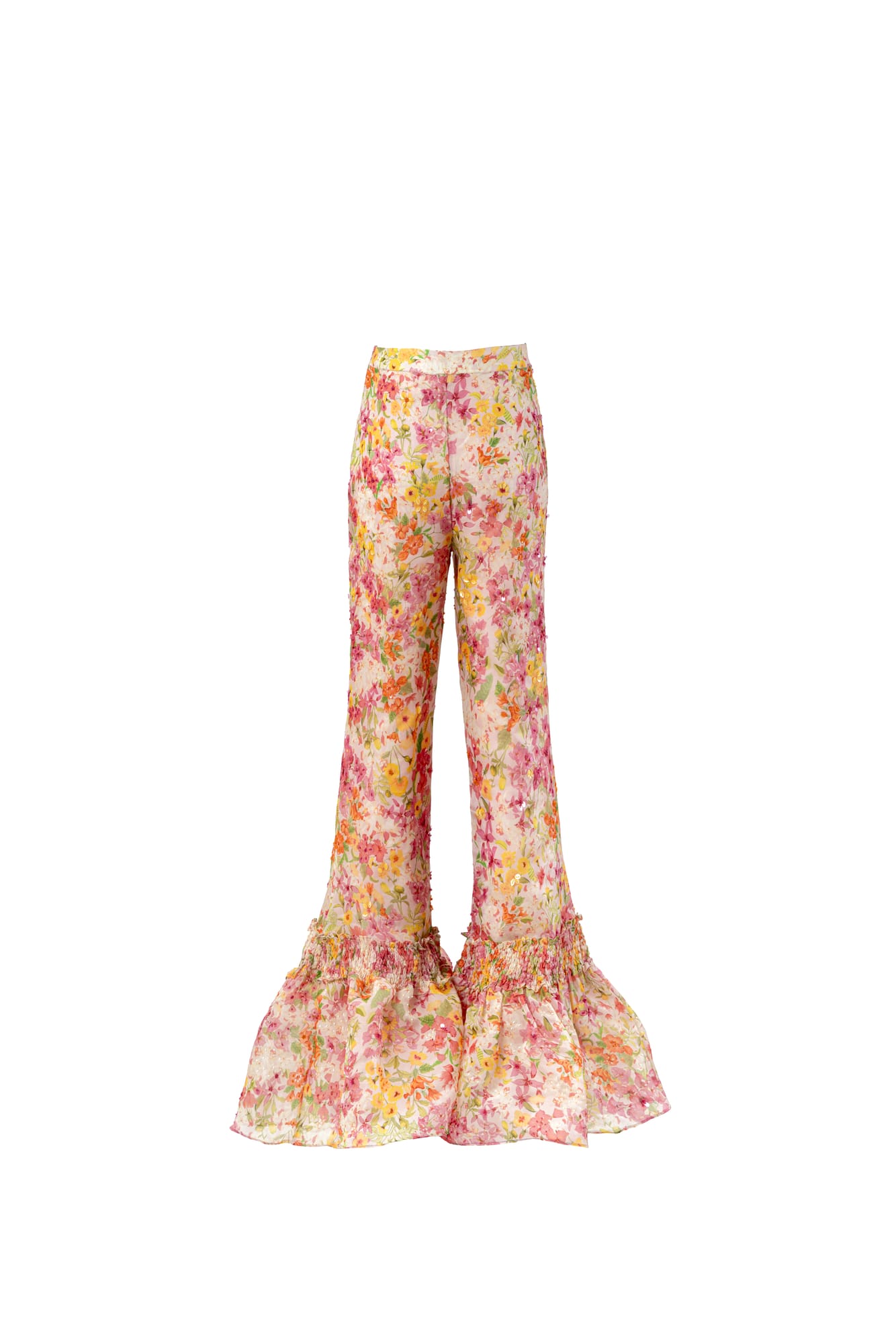 Luxury floral trousers in bell bottom style, shimmering holiday wear with artisanal ruffled fashion