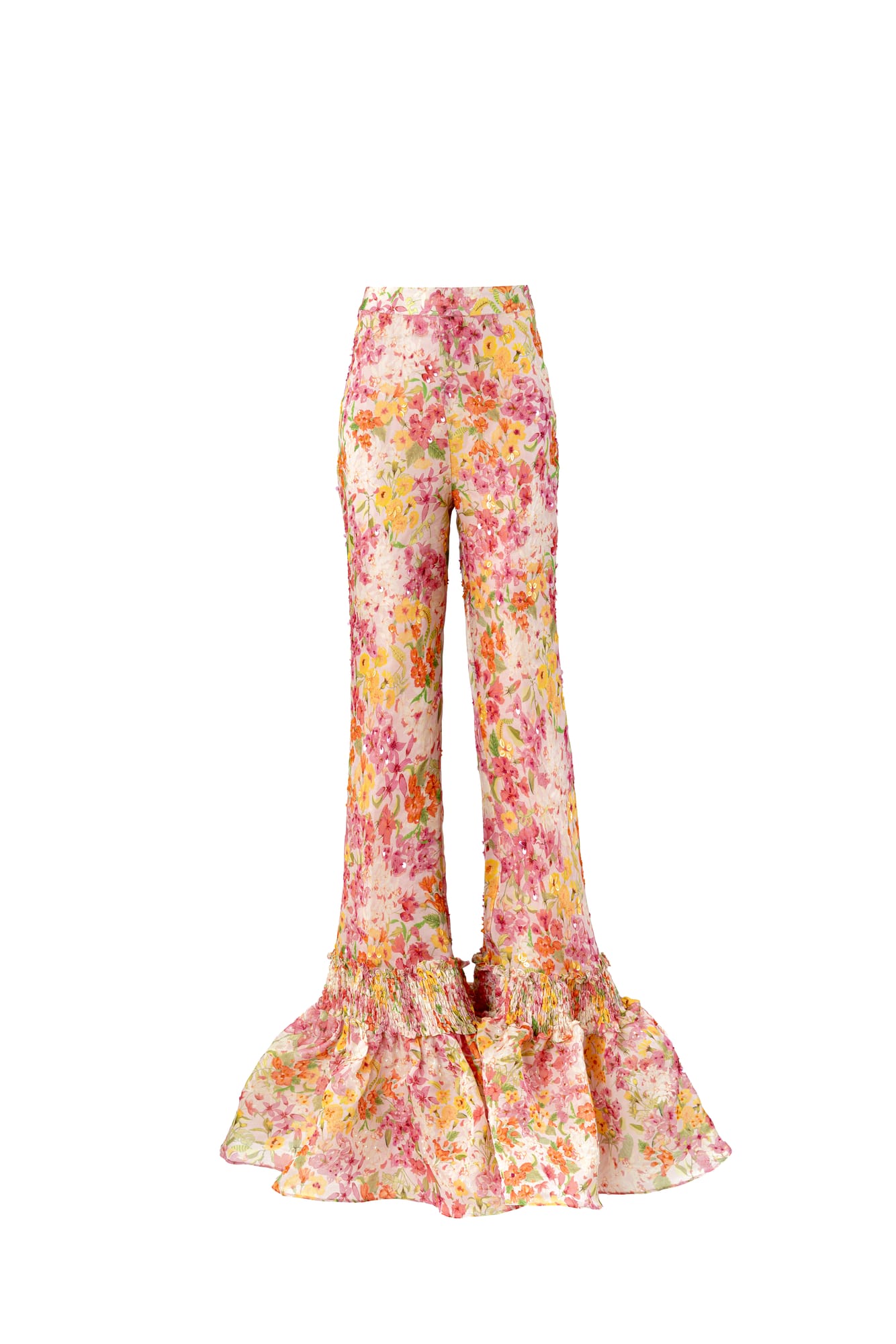 Romantic garden party attire floral print pants, high-fashion bell bottoms with couture detailing