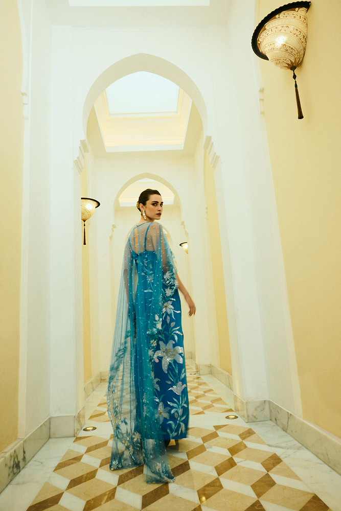 3D applique embroidery dress designed as an elegant evening event dress