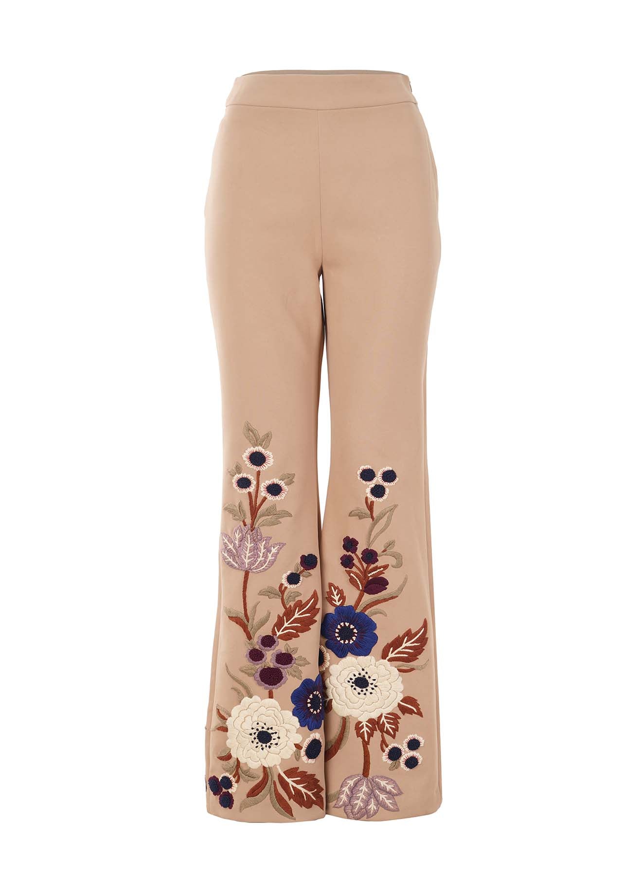 Beige Floral Emb. Pants