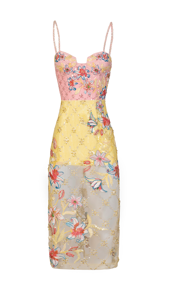 Destination party outfit crafted as a couture handwork dress with intricate embroidery