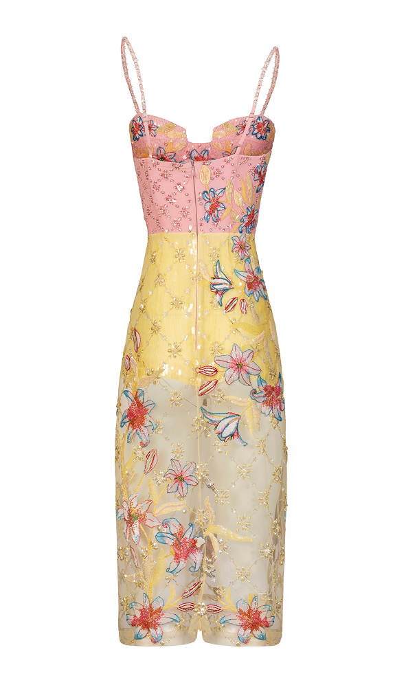 Fitted party dress designed for luxury vacation wear with hand-embroidered floral motifs