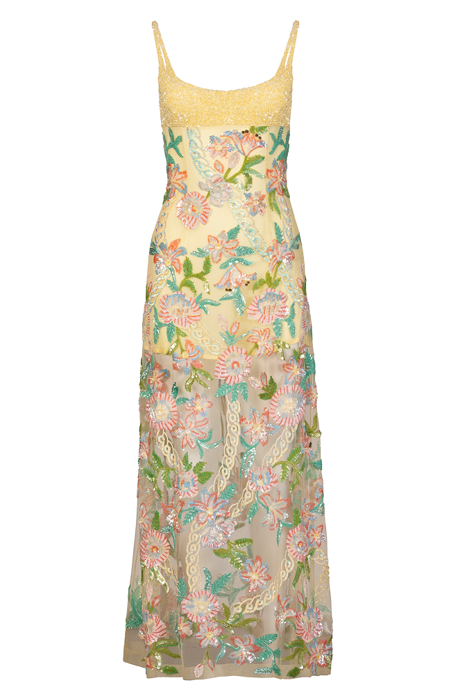 Evening gown with hand-embroidered floral motifs and couture handwork dress details for a luxury event outfit