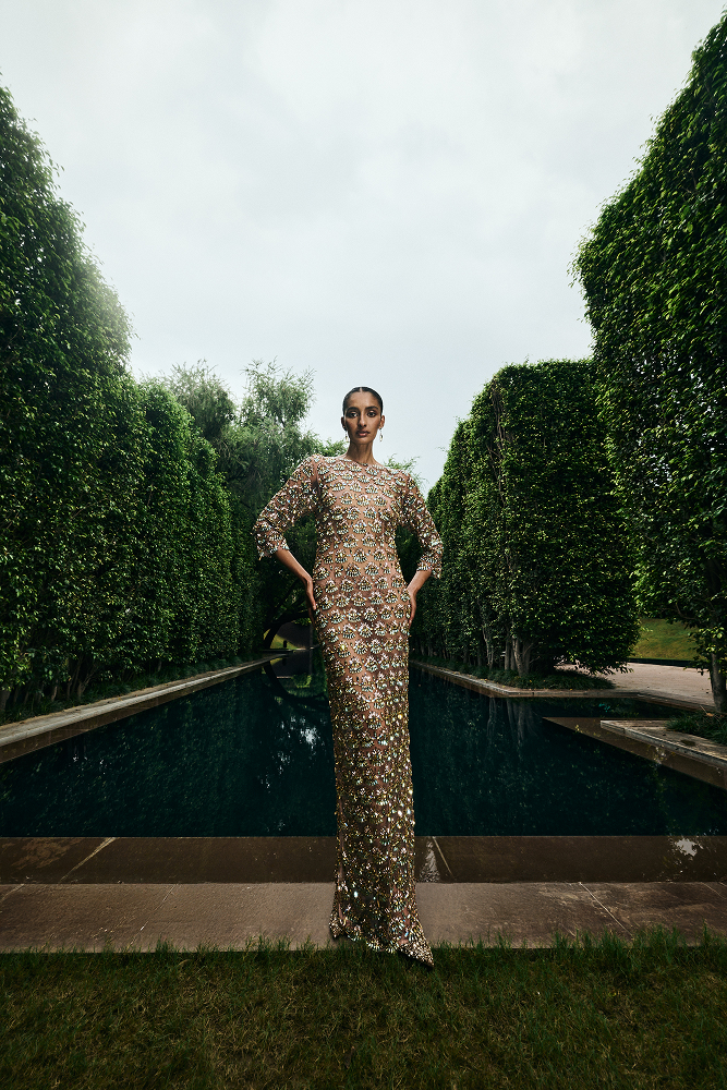 Wedding guest gown styled as a reception wear dress and engagement party gown in formal evening wear, featuring a luxury evening gown silhouette with beaded dress detailing, designed as a floor length couture dress, beaded gown, and full length gown
