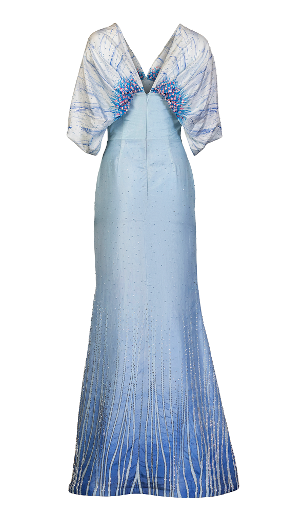 Beaded gown crafted as a sophisticated wedding guest gown
