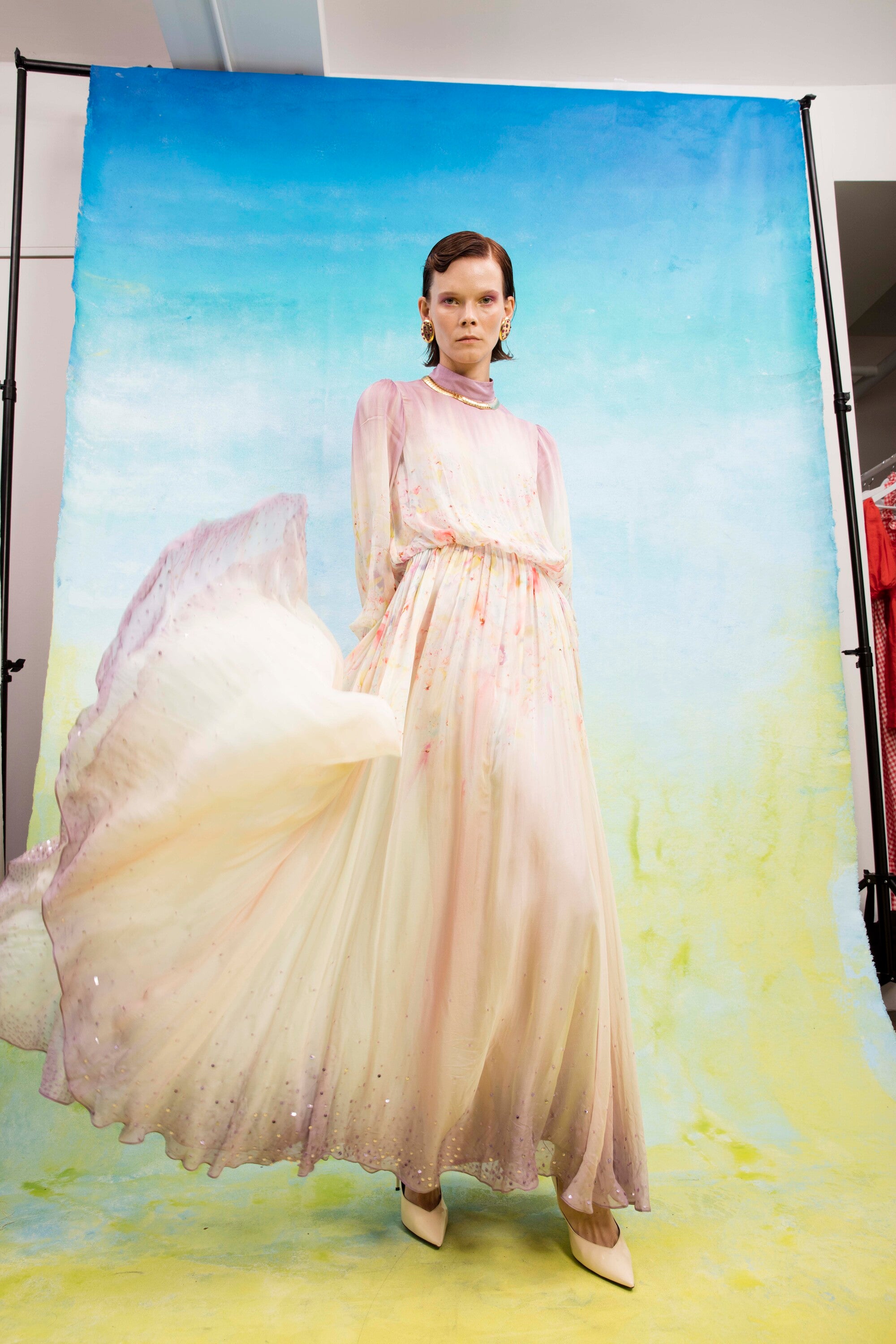 Aqua bloom mirage flared gown