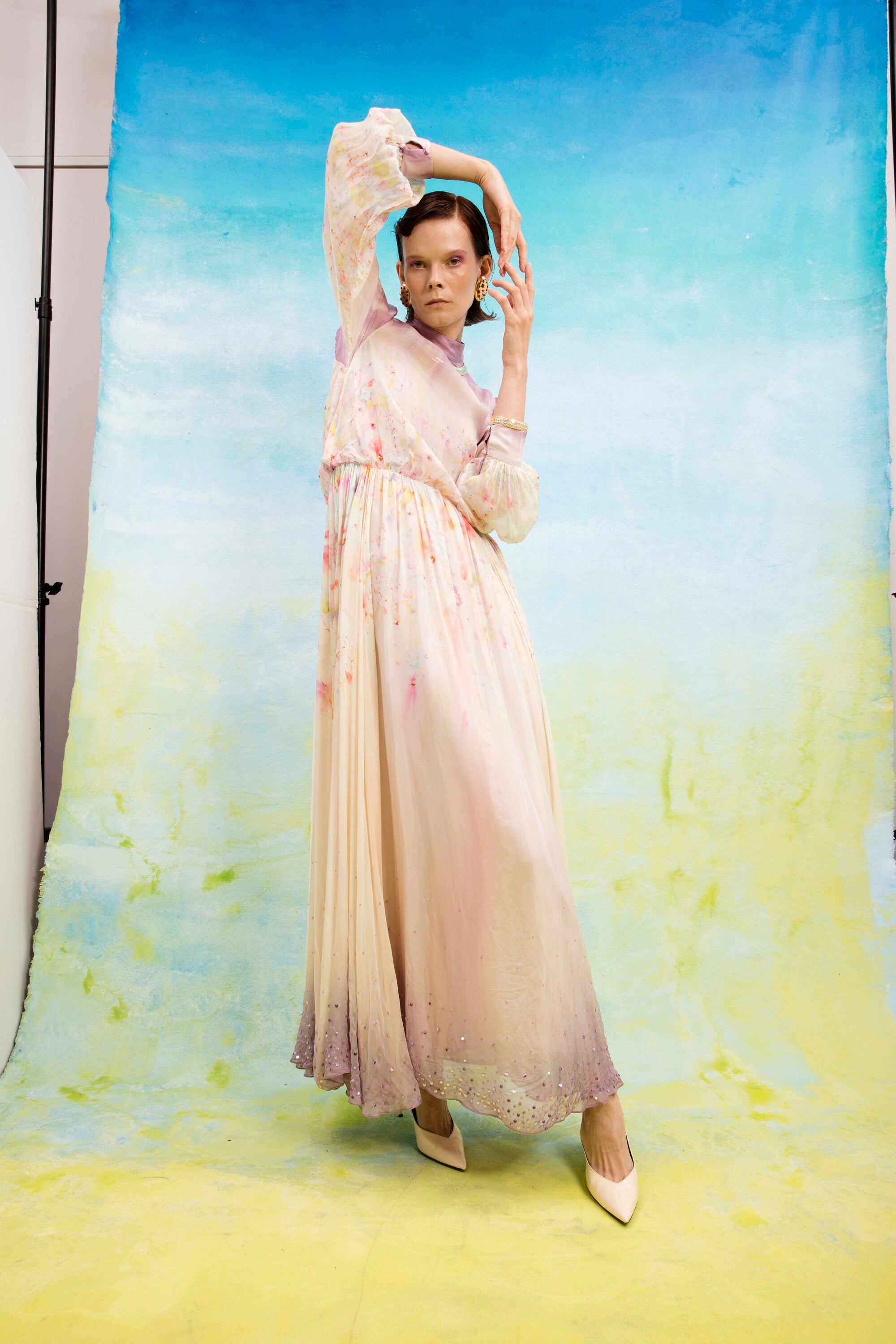 Aqua bloom mirage flared gown