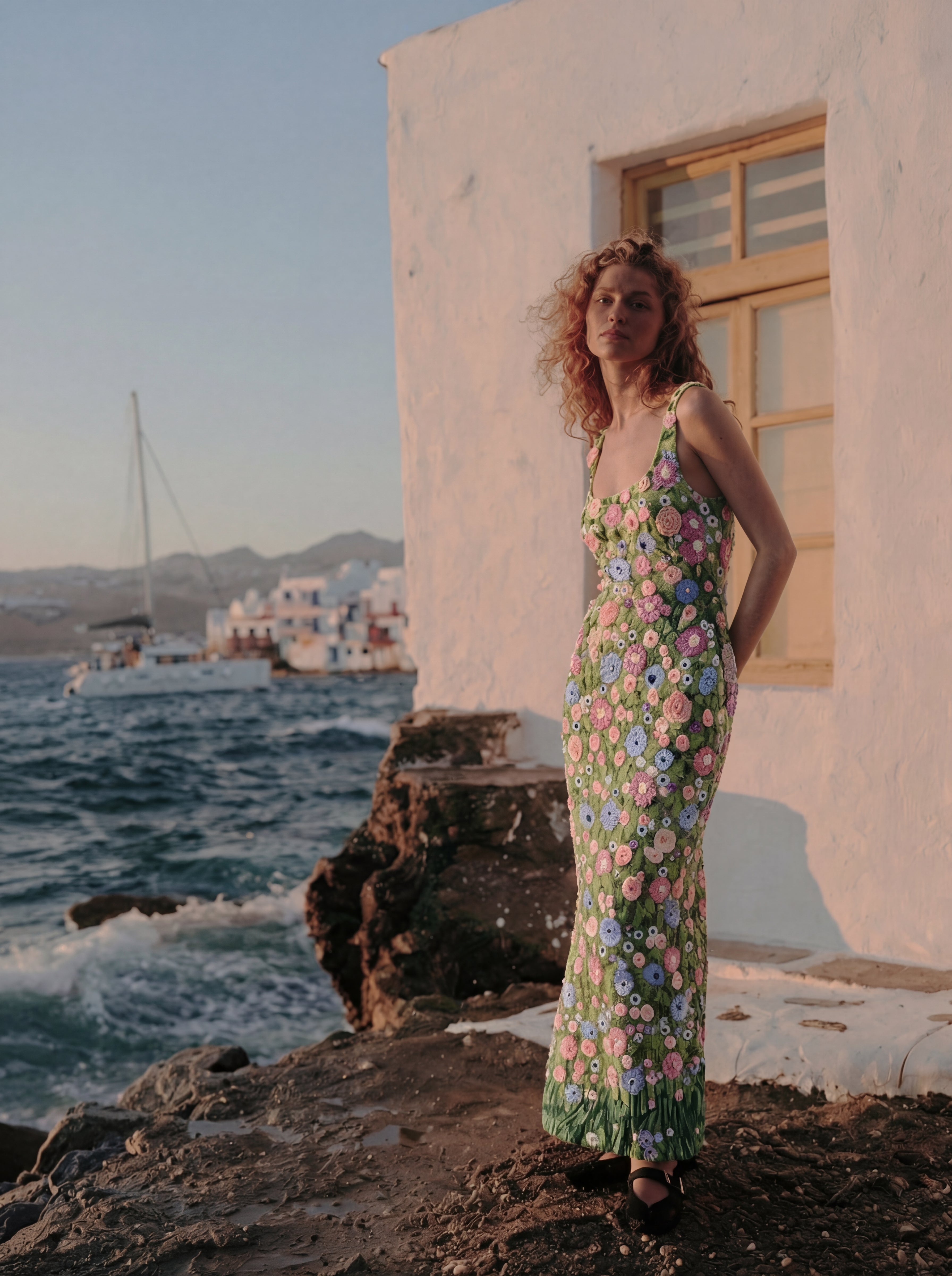 Woman in a floral dress standing by the sea with a white building and sailboat in the background.