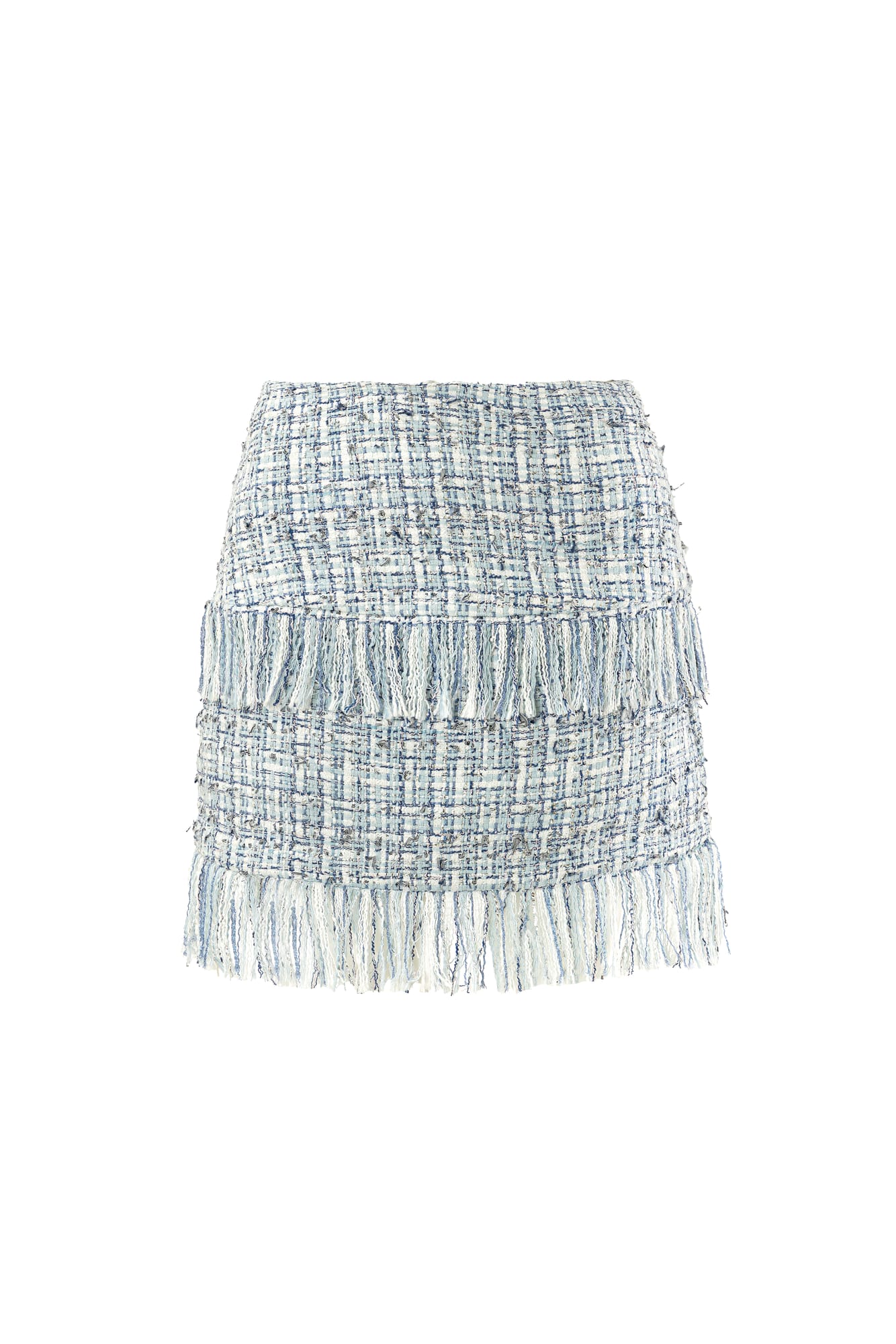 Frayed designer tweed skirt with structured silhouette, luxury textured skirt for modern classic wear