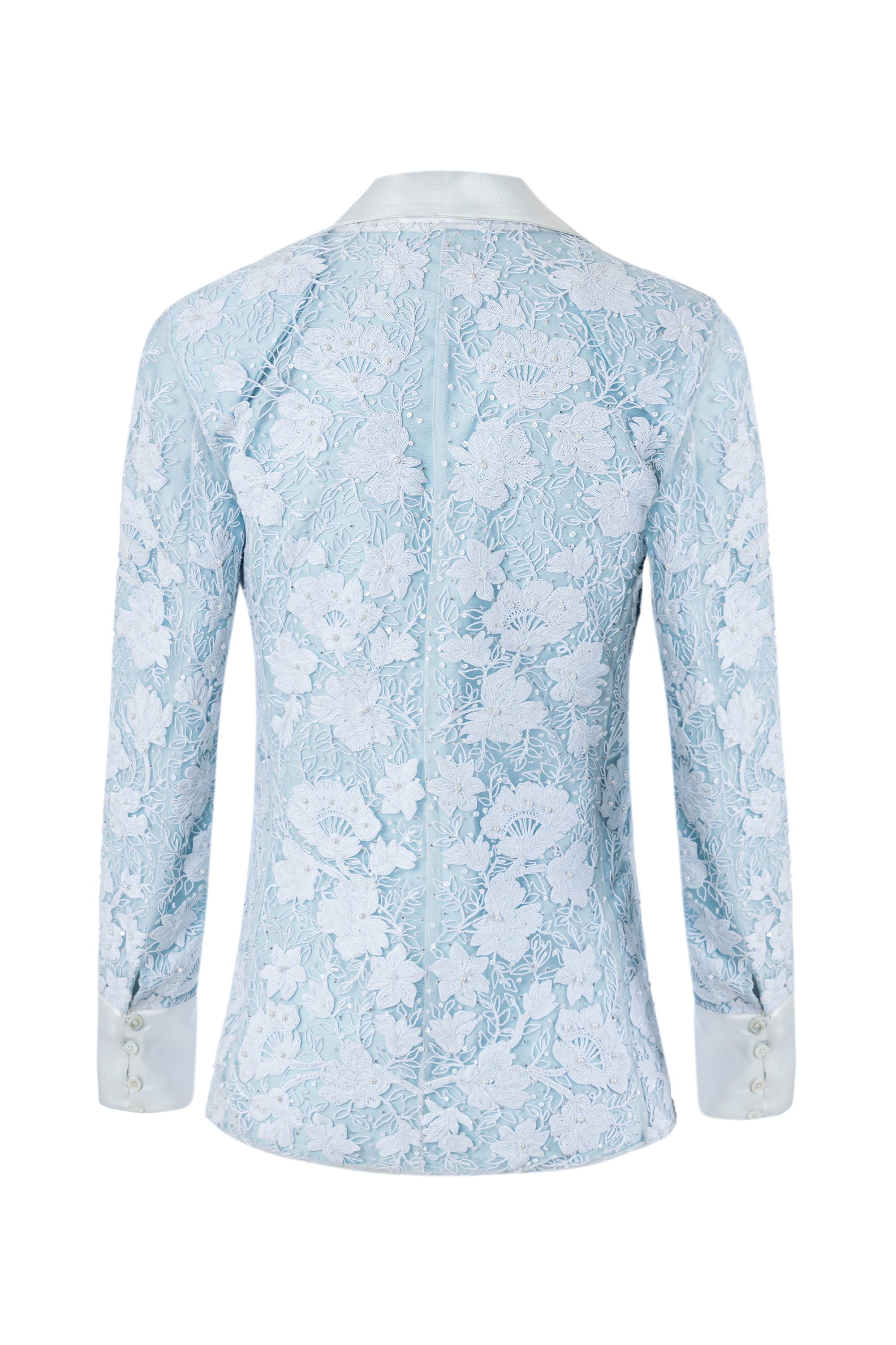 Designer high-end wedding guest blazer – luxury icy blue crystal embellished floral lace jacket with satin lapels