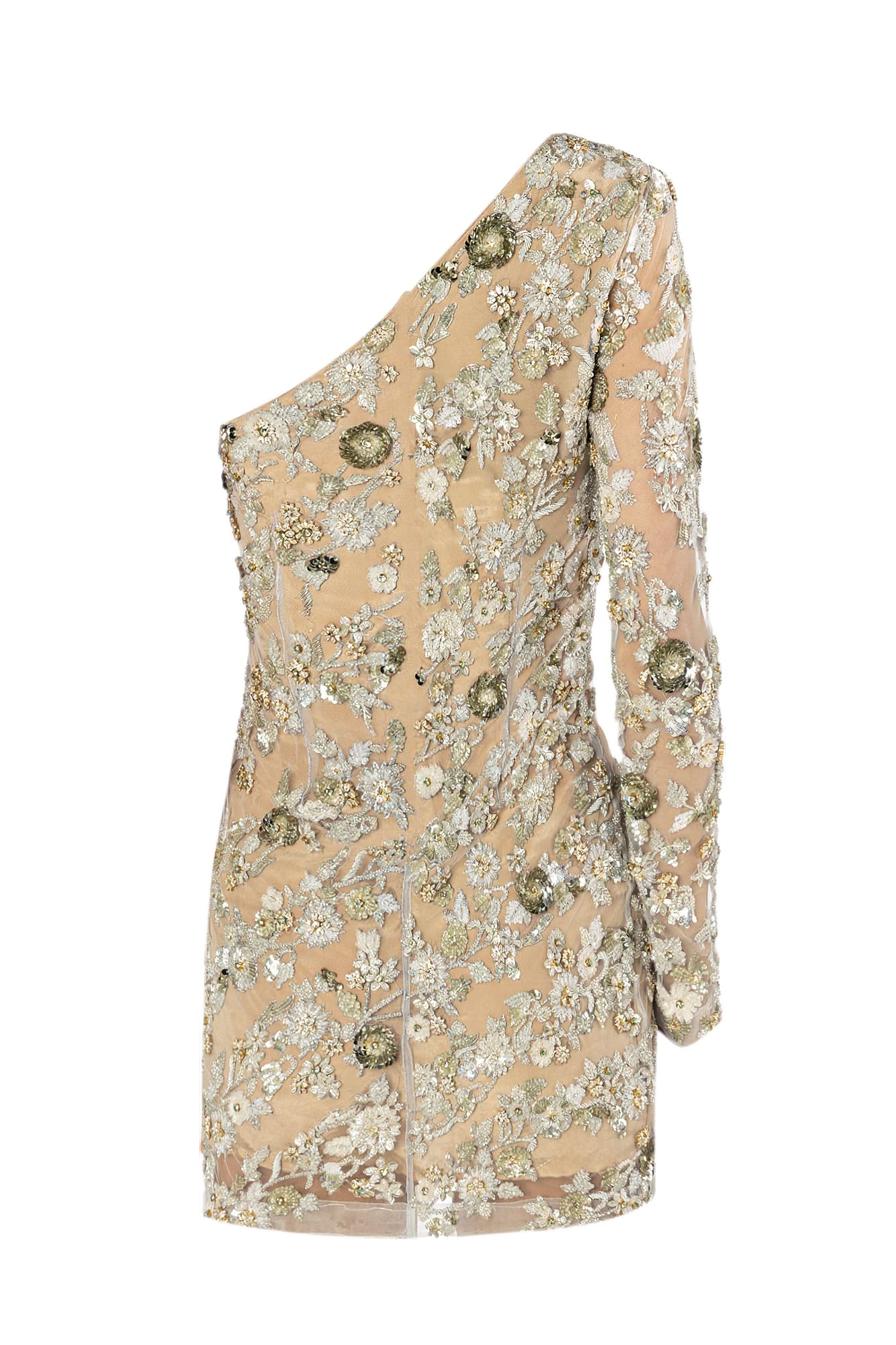 Luxury one-shoulder mini dress with silver embroidery, hand-embellished cocktail gown for wedding guest look