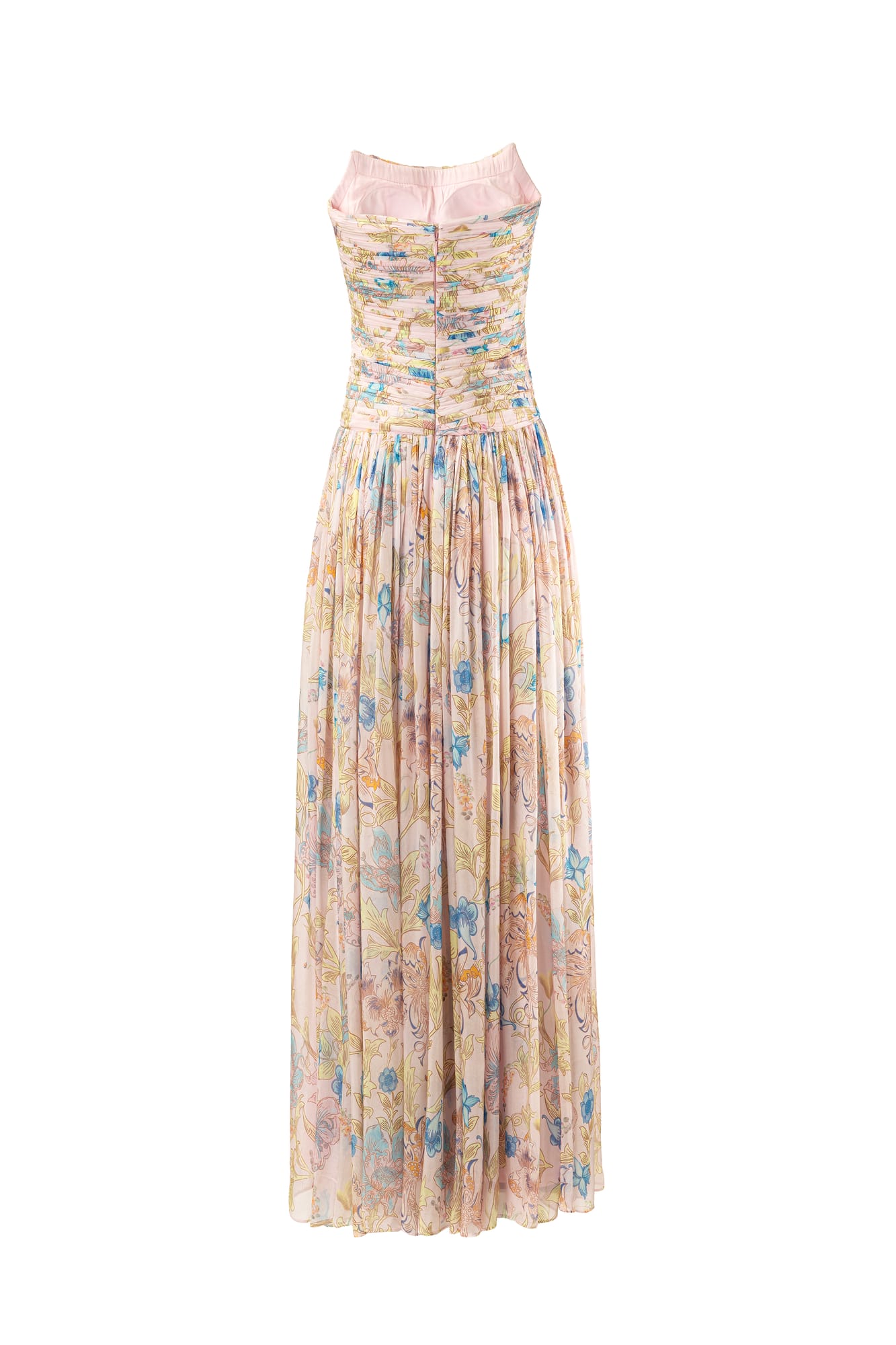 High-fashion celebration wear featuring strapless floral dress, romantic statement gown in printed design