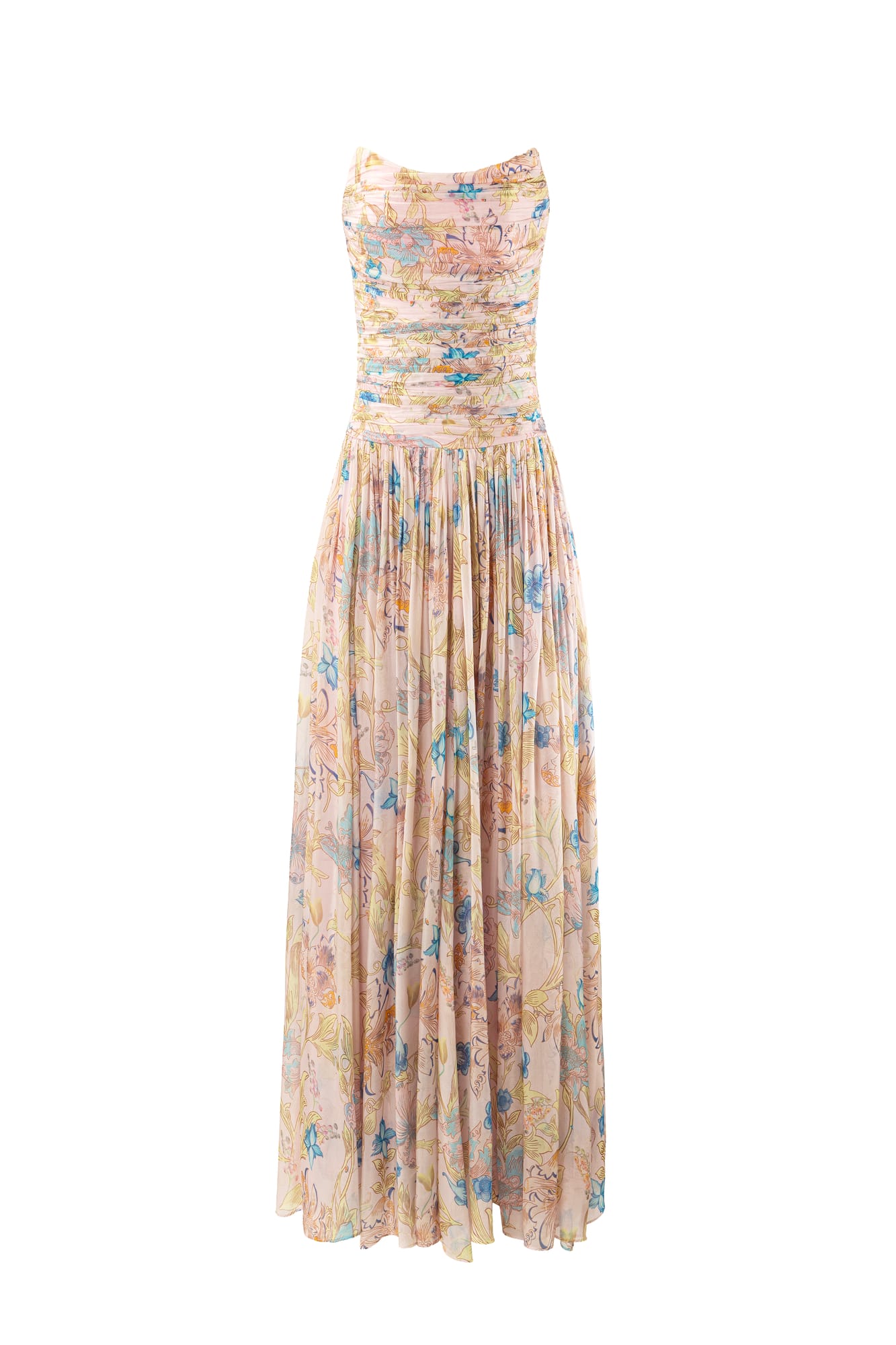 Romantic statement gown with pleated garden party style, luxury printed floor-length strapless floral dress