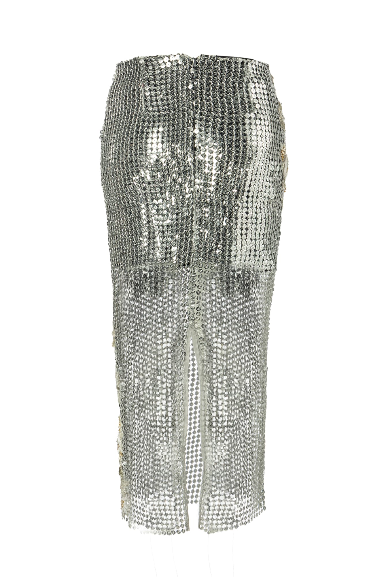 Red carpet statement mesh skirt, couture open-weave design with premium embellished metallic detailing