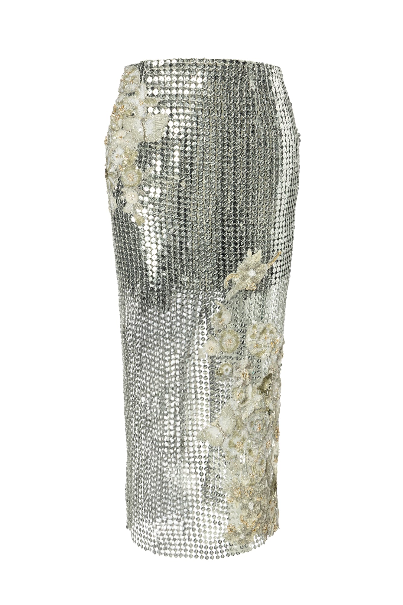 Avant-garde luxury mesh skirt, shimmering metallic party attire with artisanal floral embellishment