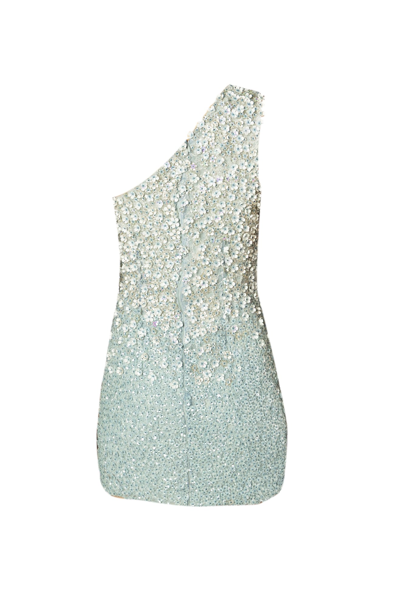 Ice blue luxury mini dress with one-shoulder design, designer embellished dress for red carpet style