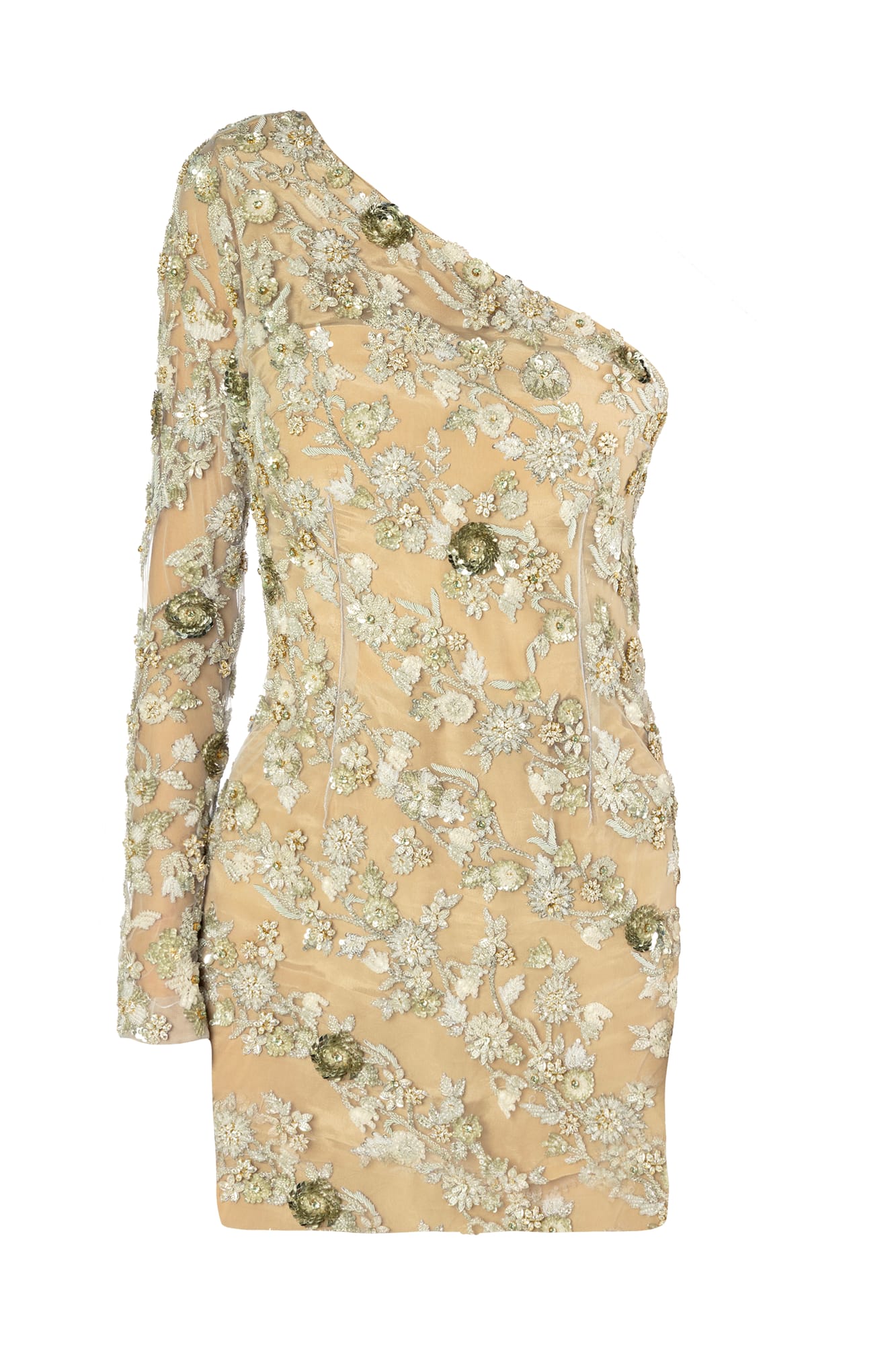 Designer silver embroidered mini dress, artisanal crystal-embellished mini for luxury party wear