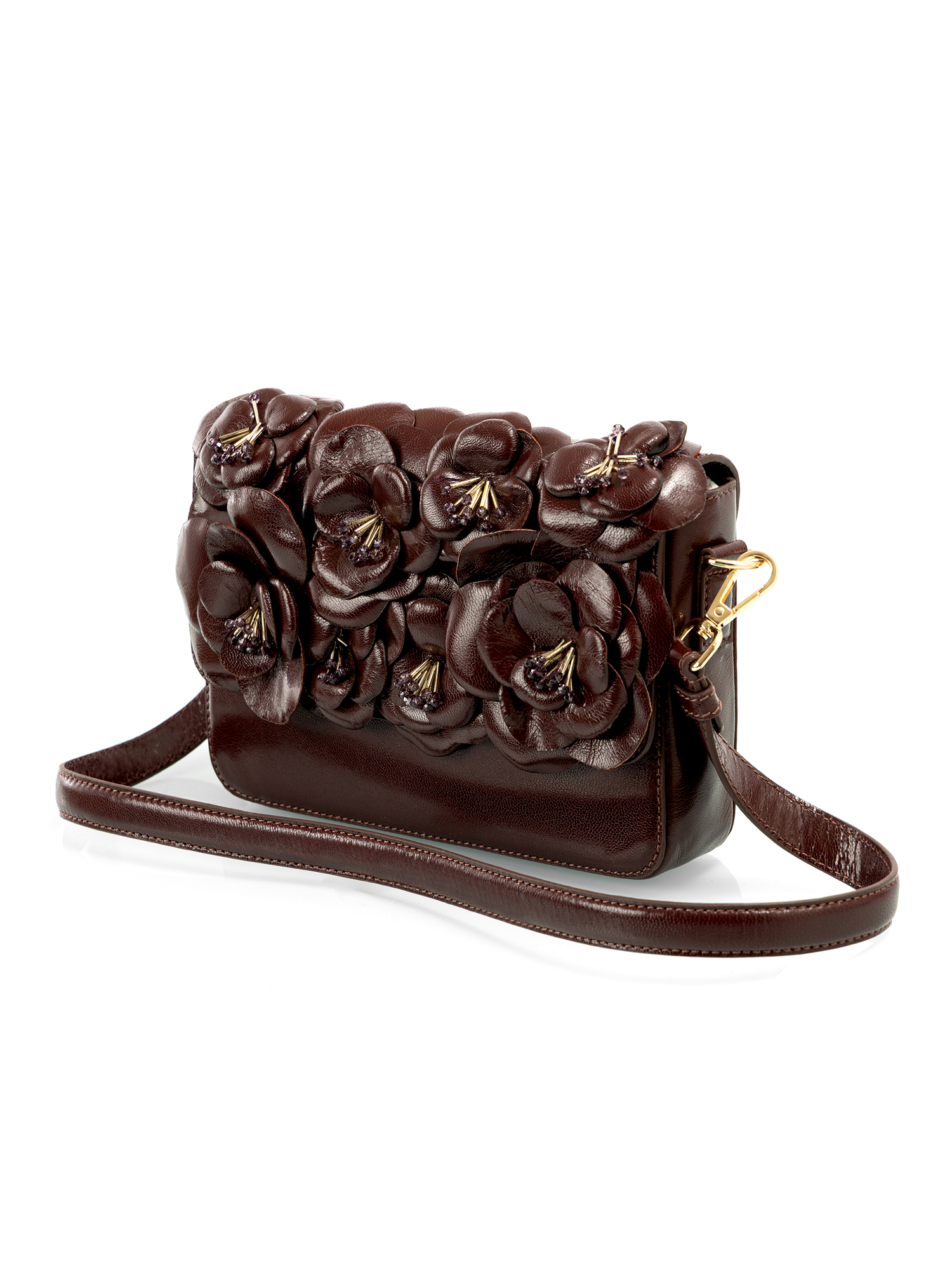 Minimalistic leather party bag available in brown, burgundy, and cherry red shades
