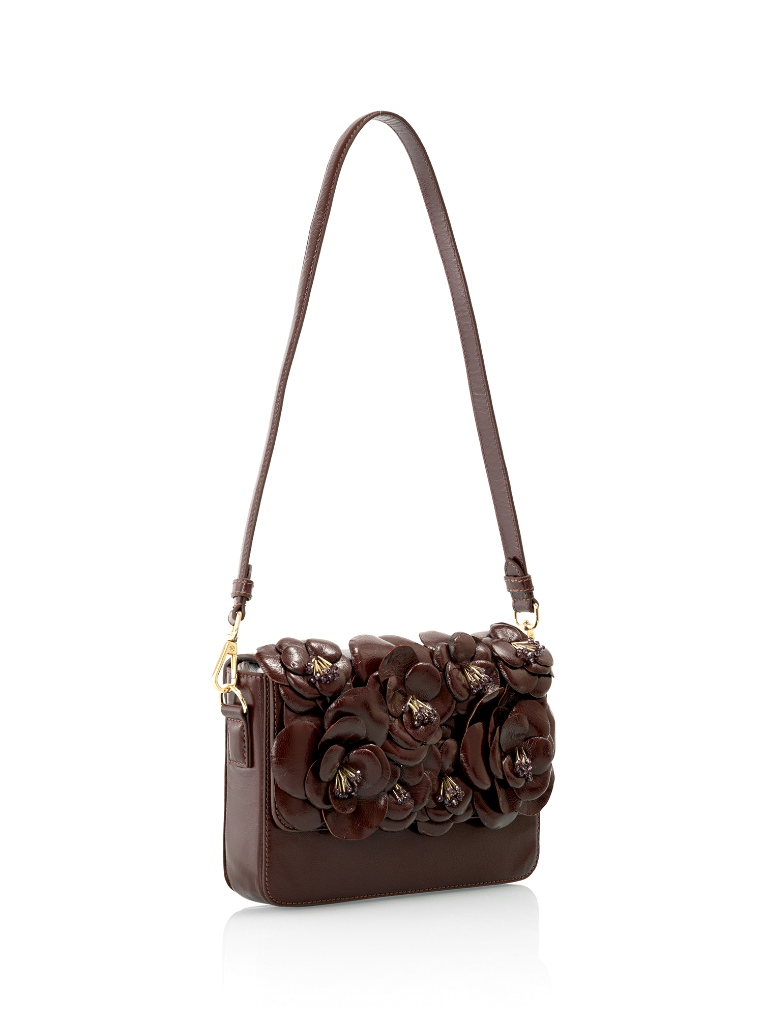 Floral sculpted cherry leather bag featuring embroidered detailing crafted for elegant parties

