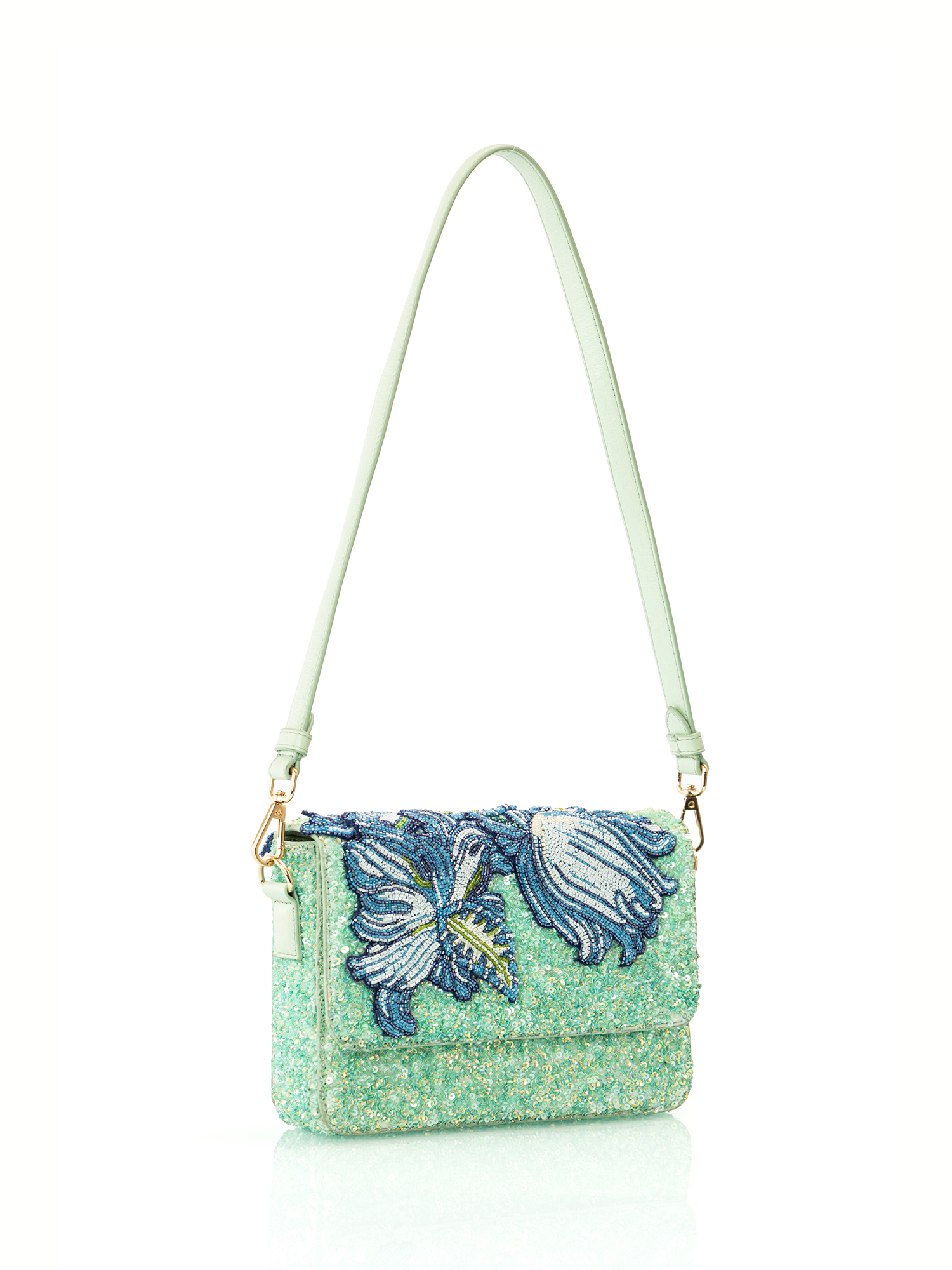 Luxury embroidered leather party bag styled for summer resorts, parties, and special occasions
