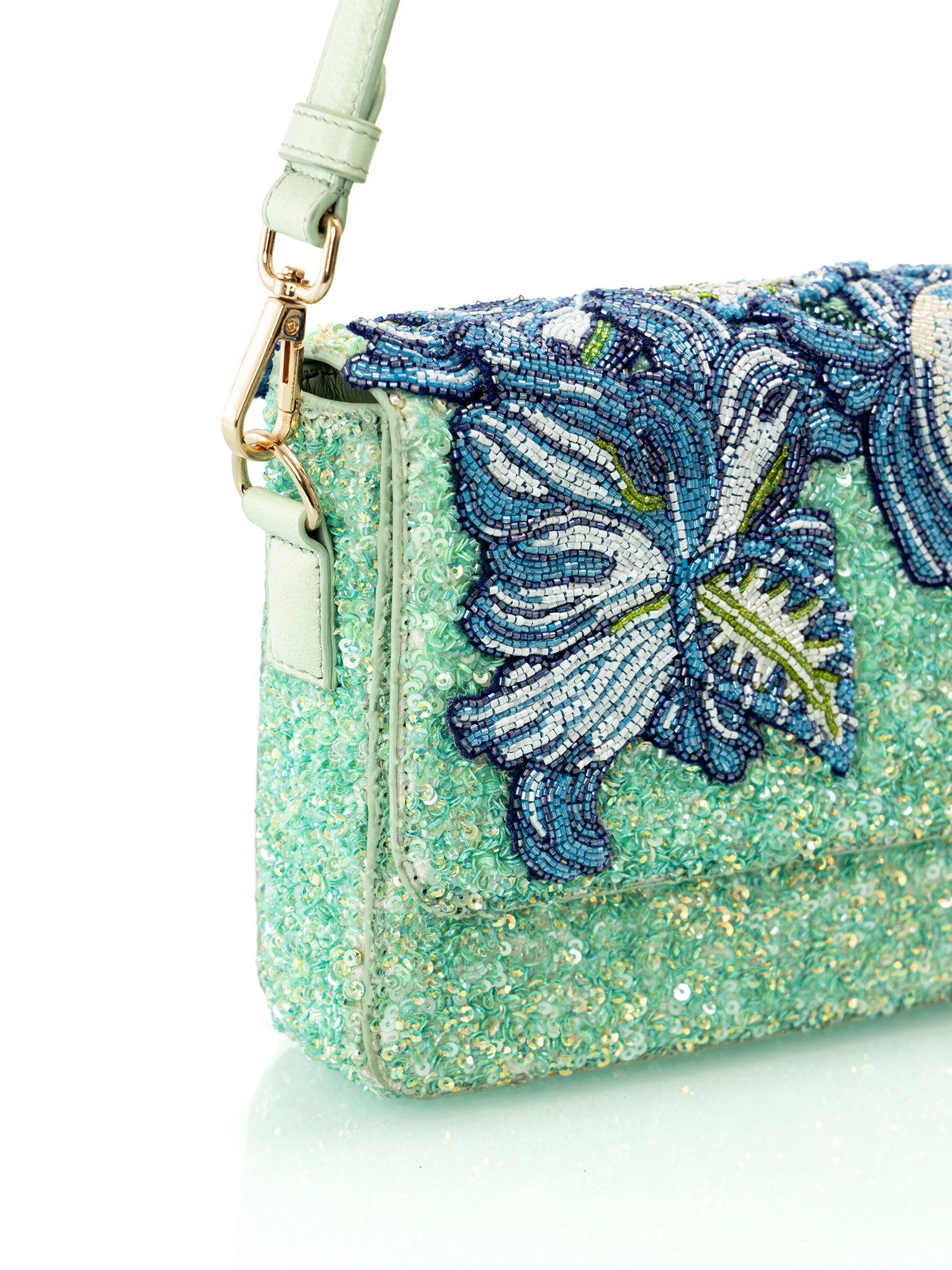 Champagne beaded embroidered leather party bag crafted for weddings and refined celebrations
